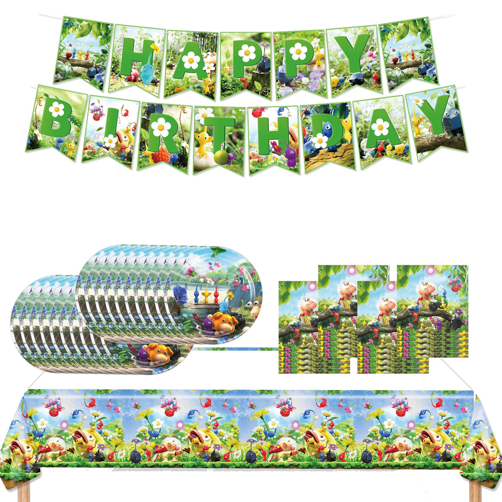 Pikmin Birthday Party Supplies-41pcs Pikmin Party Tableware Party Supplies Include Banner Party Plates and Napkins Tablecloth for Fans Game Theme