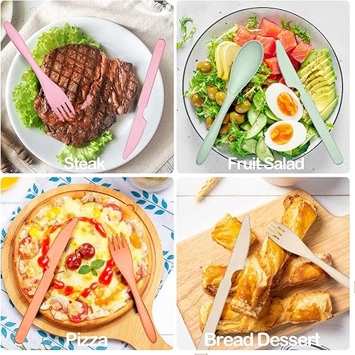 Miniatura 4 de Juego de utensilios de viaje reutilizables con estuche, 3 juegos de paja de trigo, cuchillo portátil, tenedor, cucharas, cubiertos, vajilla de