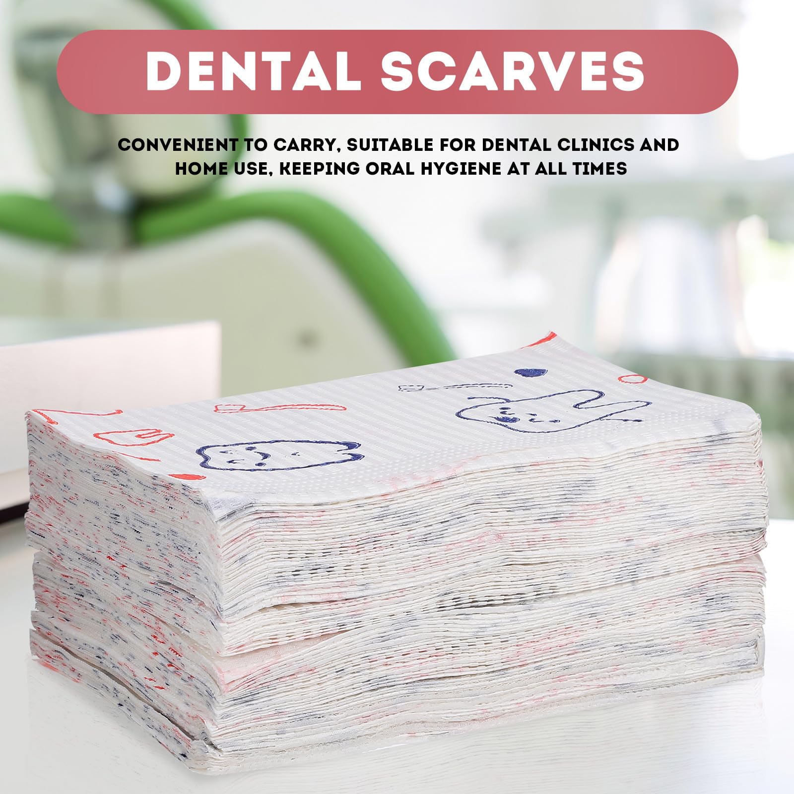 Lot de 80 Bavoirs Dentaires Jetables Rouges 33X45 CM Double Couche Papier Absorbant Film Imperméable Motifs Dents Ludiques Protection Efficace pour Patients et Salons de