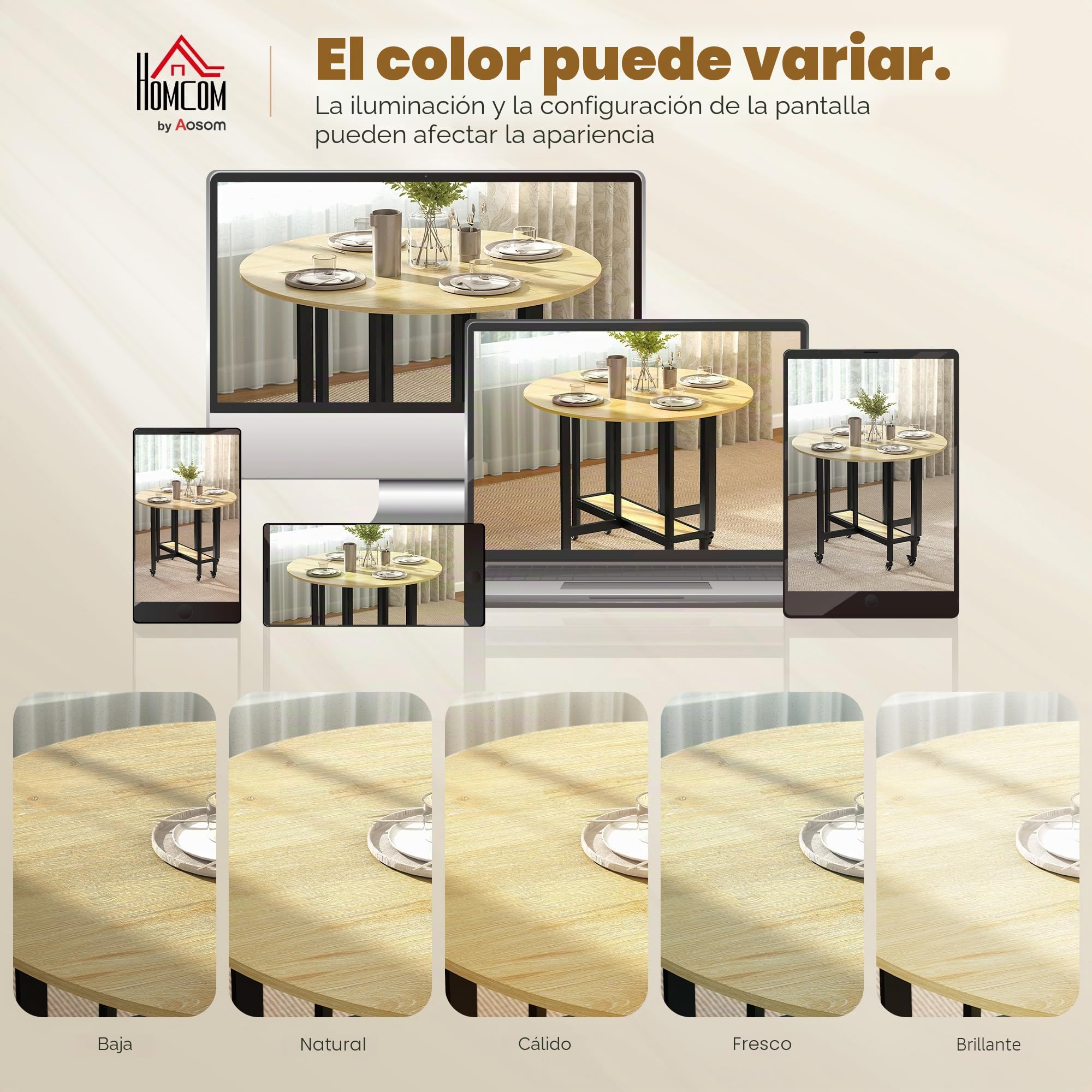 HOMCOM Mesa Plegable sobre Ruedas Redonda 100 x 100 x 75 cm Roble | Mesa de cocina para 4, 2 hojas abatibles, estante inferior, espacios pequeños, comedor