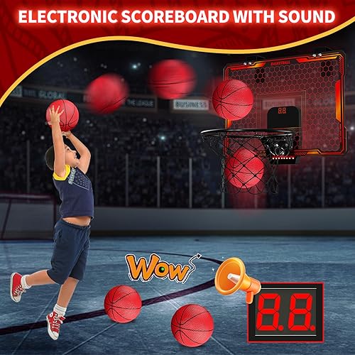 Miniatura 4 de HYES Mini aro de baloncesto para interiores con marcador, aro de baloncesto para puerta con 3 bolas e inflador, regalo de juguete de baloncesto para