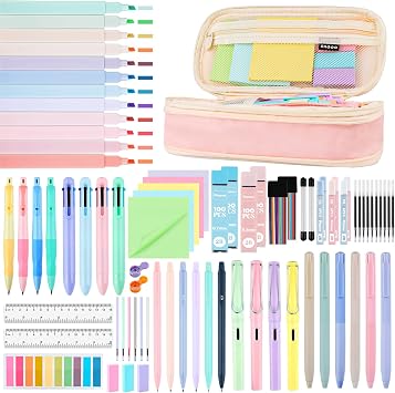 80Pcs Aesthetic School Supplies with Cute Pencil Case, 12 Pastel Highlighters, 4 Multicolor Ballpoint Pens, 6 Gel Pens with Refills, 10 Mechanical Pencils with Leads for Student Stationery SetPink
