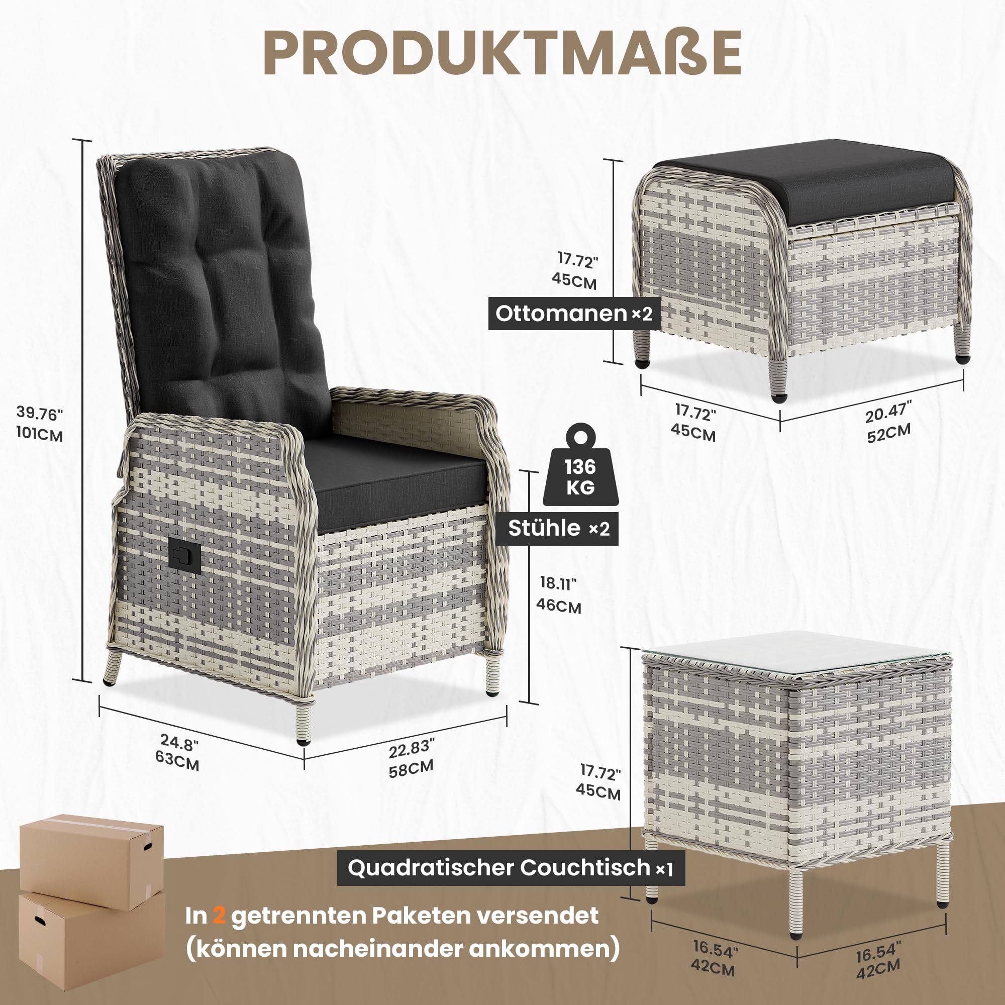 ALAULM 5-teiliges Rattan Gartenmöbel Set mit 2 verstellbaren Relaxsofas, 2 Hockern & 1 Couchtisch, wetterfestes Polstergarnitur für Terrasse, Balkon, Garten (Schwarz)