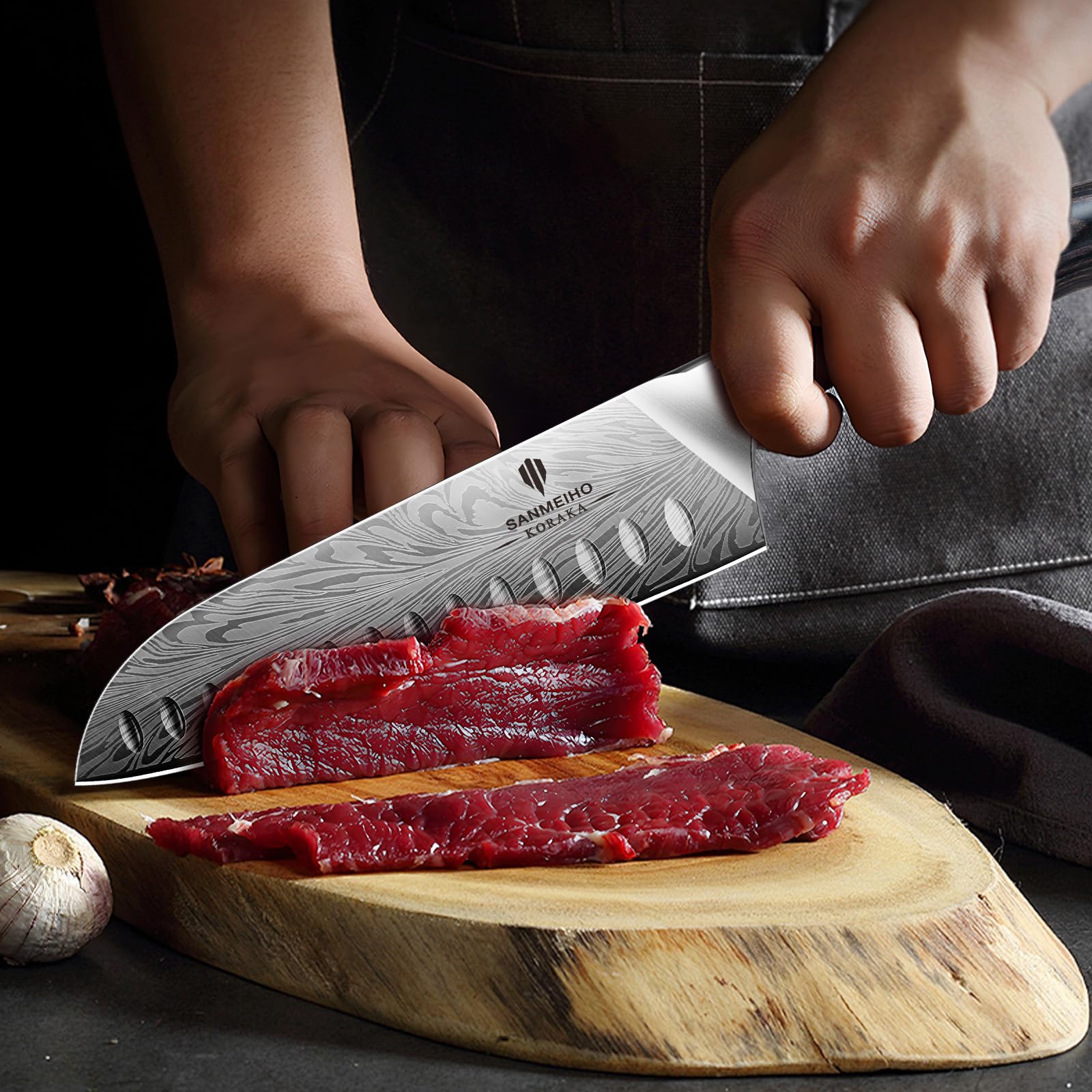 SANMEIHO Coltelli da Cucina in Acciaio a Polvere, Coltello Giapponese Santoku 20 cm Ultra Affilati Coltello da Chef Multiuso Professionale ad alto Tenore di Carbonio con Manico Ergonomica in Pakkawood