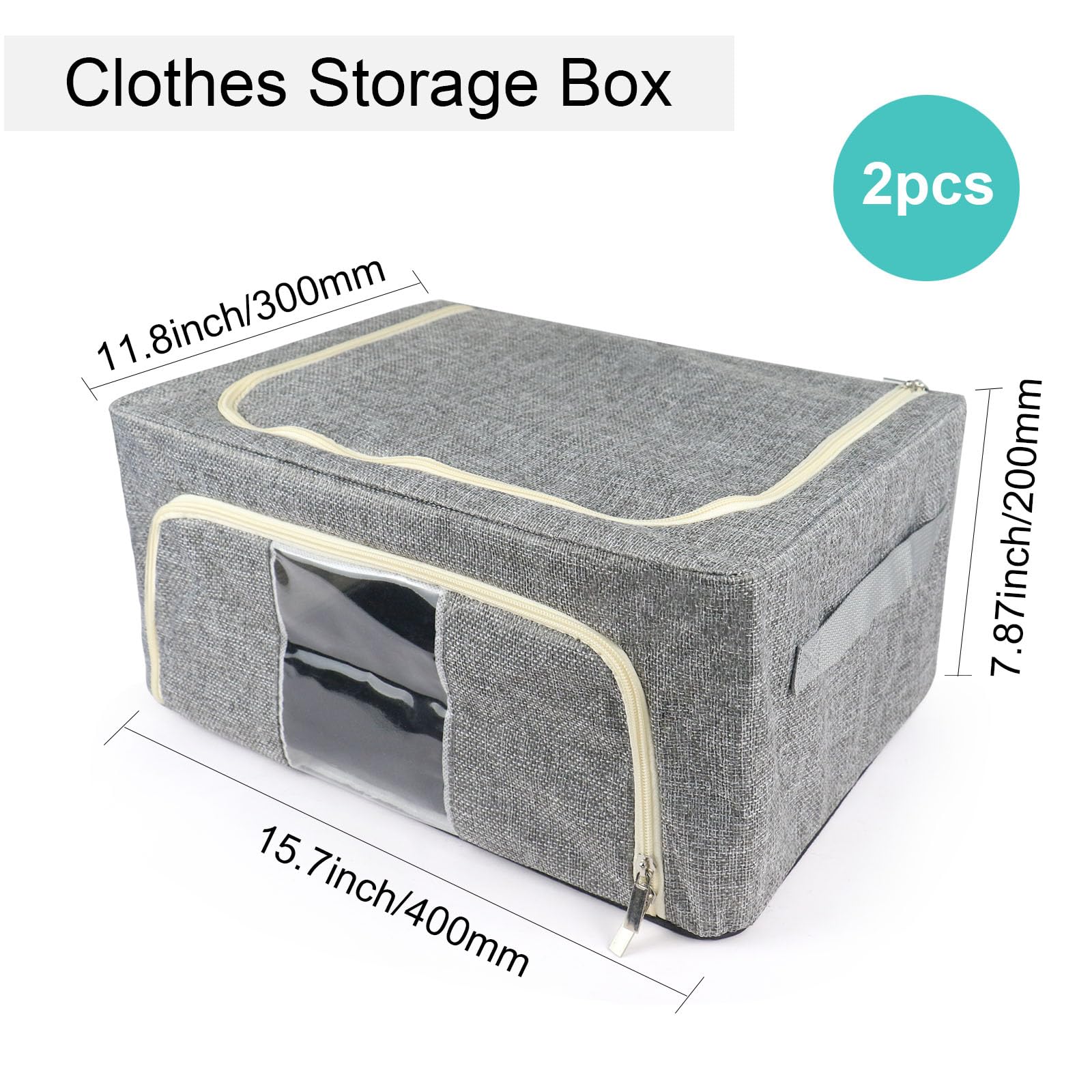 BOMEI PACK 2 Packs Clothes Storage Box Closet Wardrobe,Dormitory Underbed Foldable Grey Organizer Sturdy Boxes durable with Metal Frame,Two Zippers,Reinforced Handles,Clear Front Window - Image 2