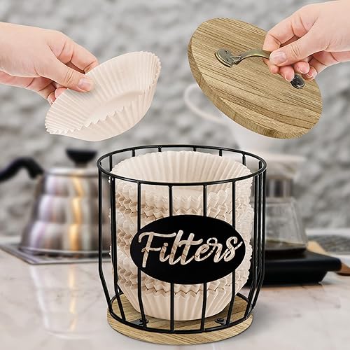 Miniatura 5 de Luneodoki Soporte de filtro de café rústico con tapa soporte de filtro de café de acacia contenedor de almacenamiento de filtro de café cuadrado