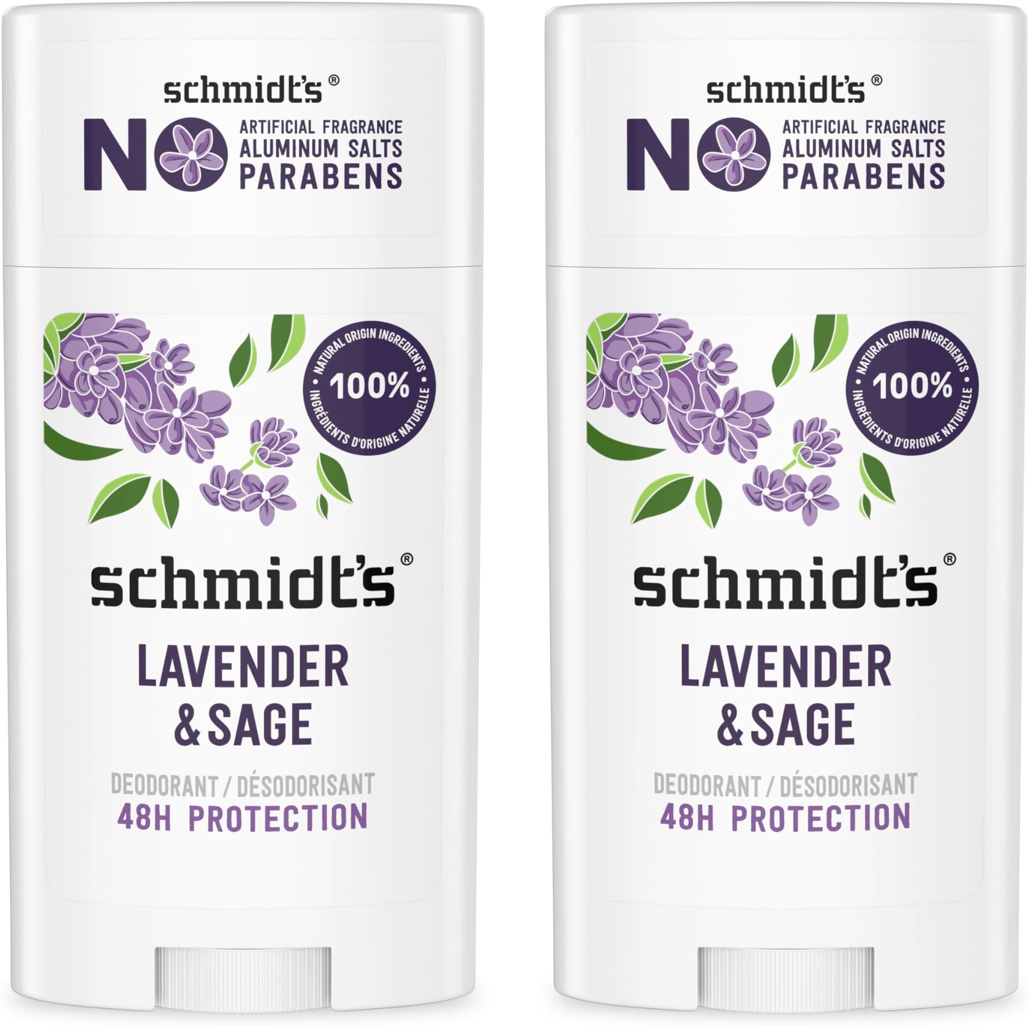 Schmidt's Aluminum Free Natural Deodorant for Women and Men, Lavender and Sage with 24 Hour Odor Protection, Vegan, Cruelty Free, 2.65 Oz, Pack of 2