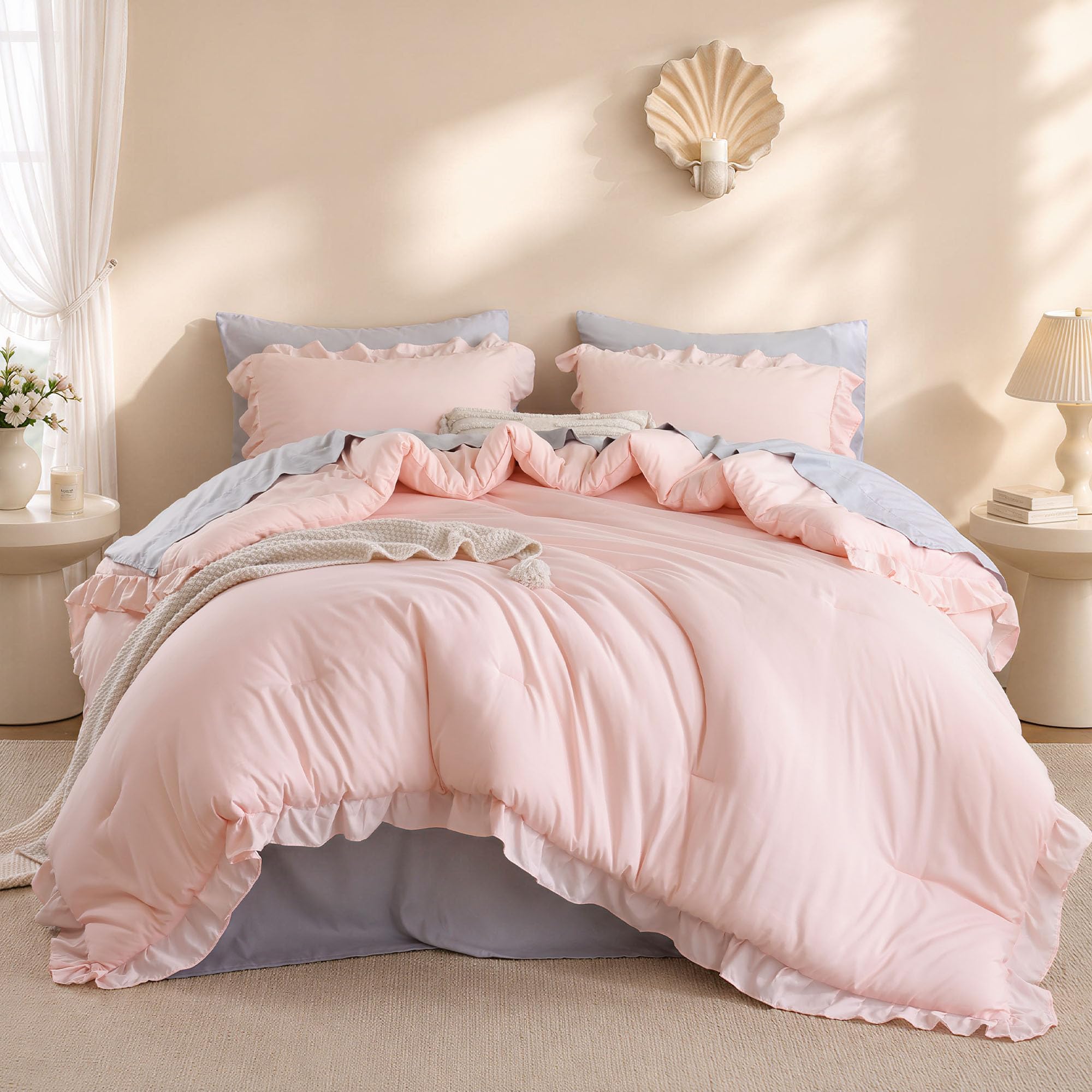 JANZAA Blush Pink Comforter Set Queen, Ruffle Soft Bedding