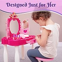 Vista 6 de Prextex Mesa de maquillaje para niños con espejo y silla, juego de princesa, mesa de maquillaje para niños con accesorios de maquillaje y efectos