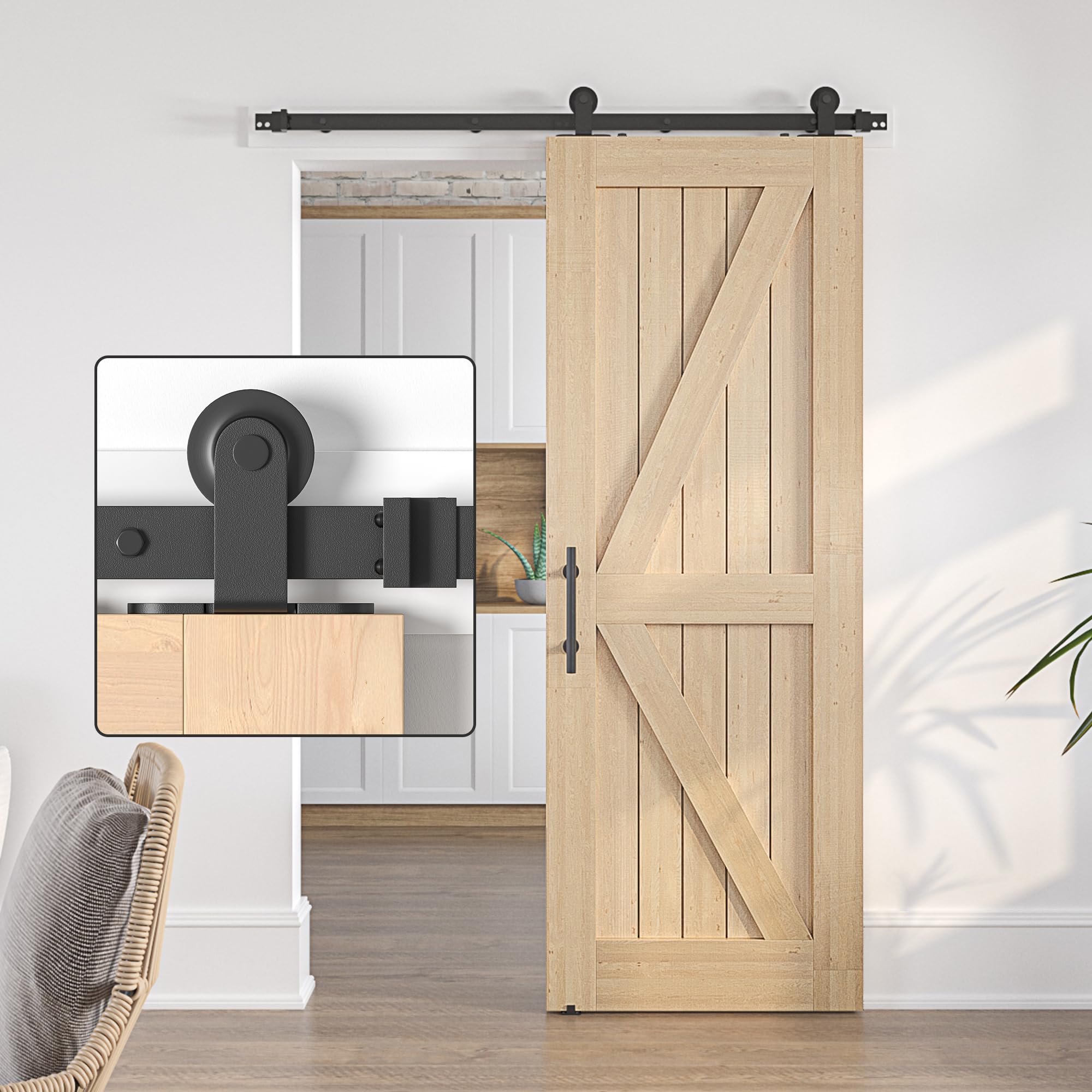 SANKEYTEW 6.6FT/201CM Sliding Door Kit,Single Wood Barn Door Sliding Kit,Heavy Duty Sliding Barn Door Kit,Black Sliding Door Track-top-Loading (SD2+6.6-6)