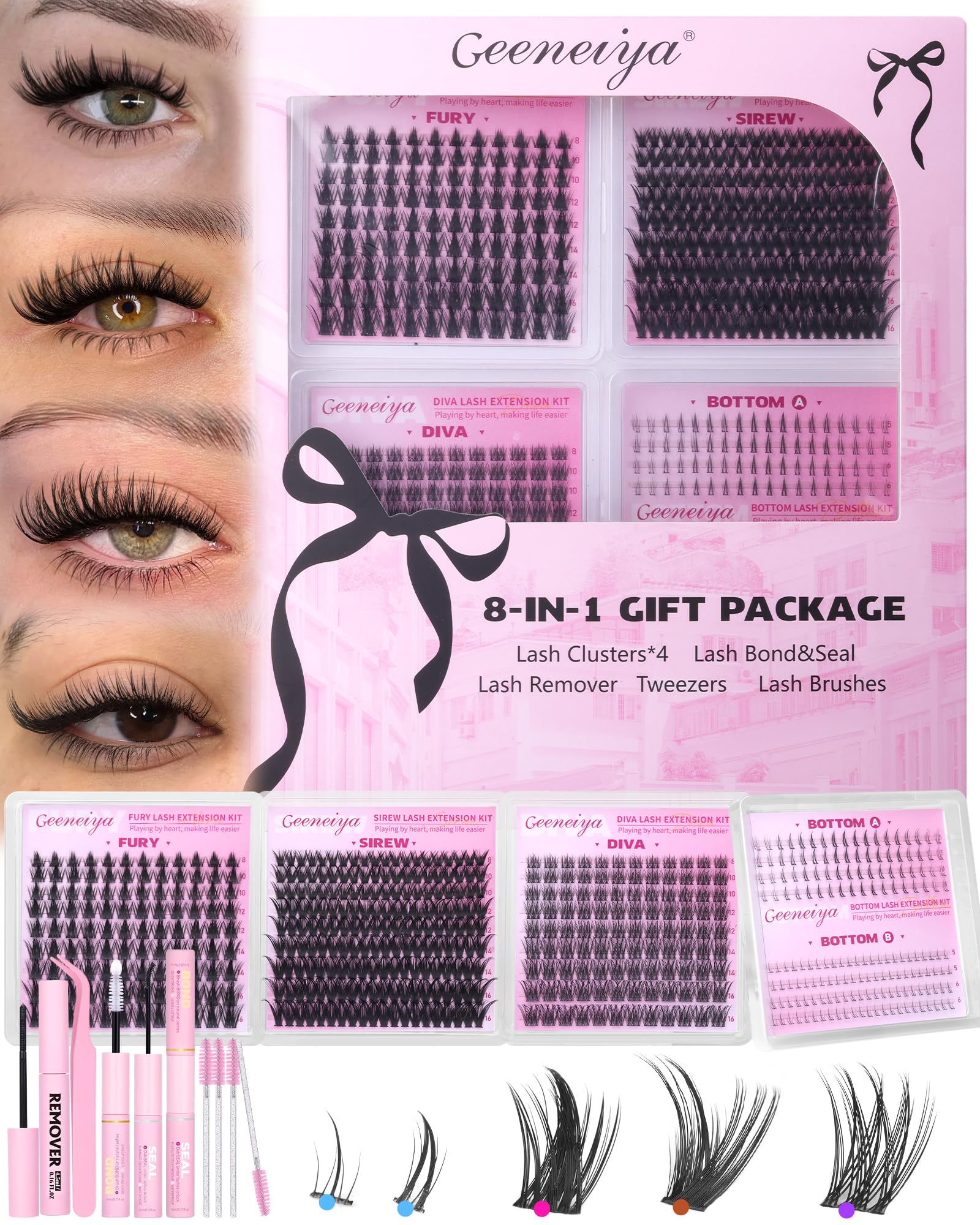 Geeneiya Lash Clusters Kit 5 Styles Eyelash Clusters Kit FURY SIREW DIVA Bottom Cluster Eyelash Extensions with Lash