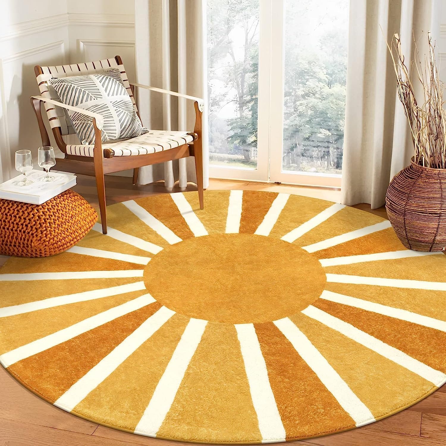ChicAbode Boho Round Rug, Washable Round Area Rug, Non Slip Small Round Bathroom Rug, Throw Soft Kids Nursery Room Rugs, Rainbow Sun Print, for Bedroom Entryway Sofa Living Room, 80x80cm