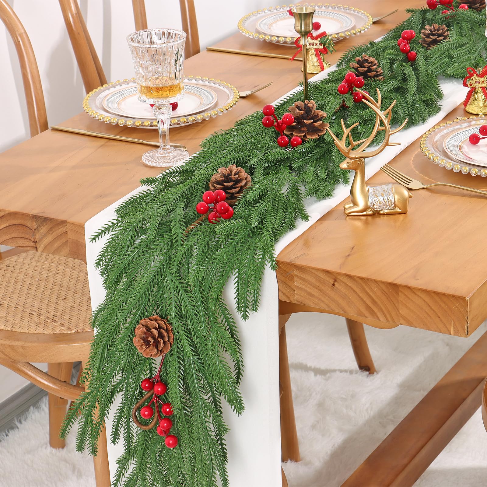 Lot de 2 guirlandes de Noël de 1,8 m avec Baies Rouges et Pommes de pin artificielles pour Sapin de Noël, Maison, Vacances, décoration