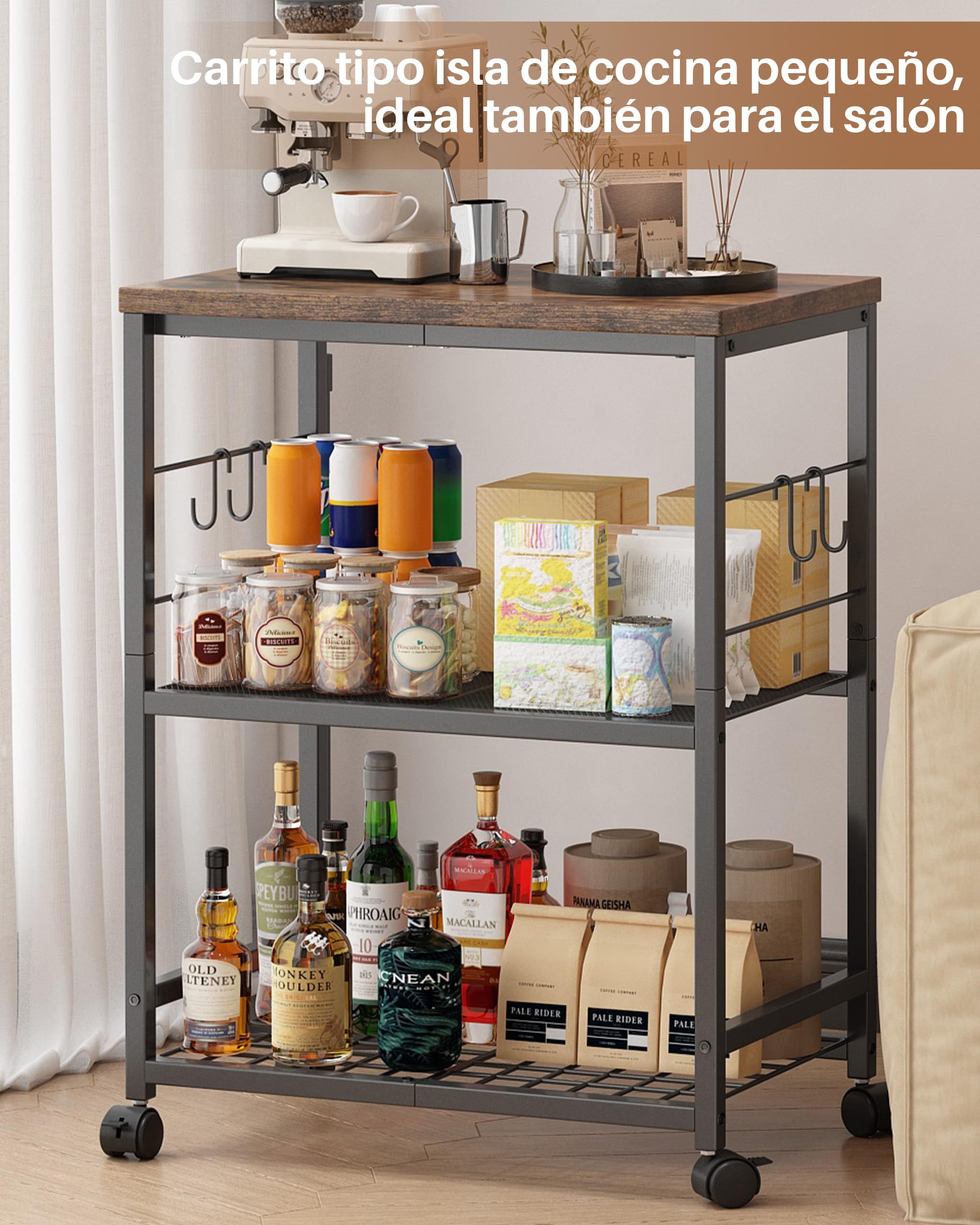 Estante de Cocina para Microondas con Ruedas, Carrito de Cocina | 3 Niveles, Metálico, Carrito de Almacenamiento, Ideal para Organizar el Salón o la Oficina