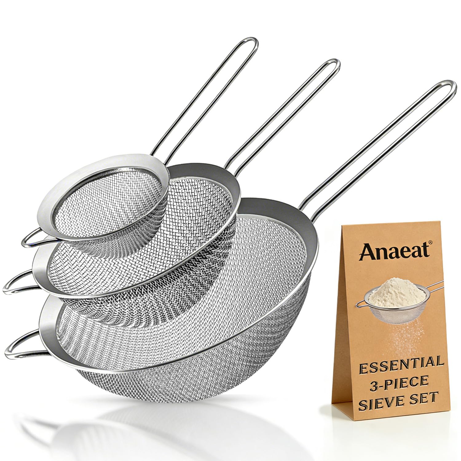 Anaeat Fine Mesh Strainers - Premium Stainless Steel Colander Sieve Sifters, with Durable Mesh and Sturdy Handle, Excellent for Sifting Dry ingredients, Flour, Pastas, Rice, Tea (3.15"+5.5"+7.87")