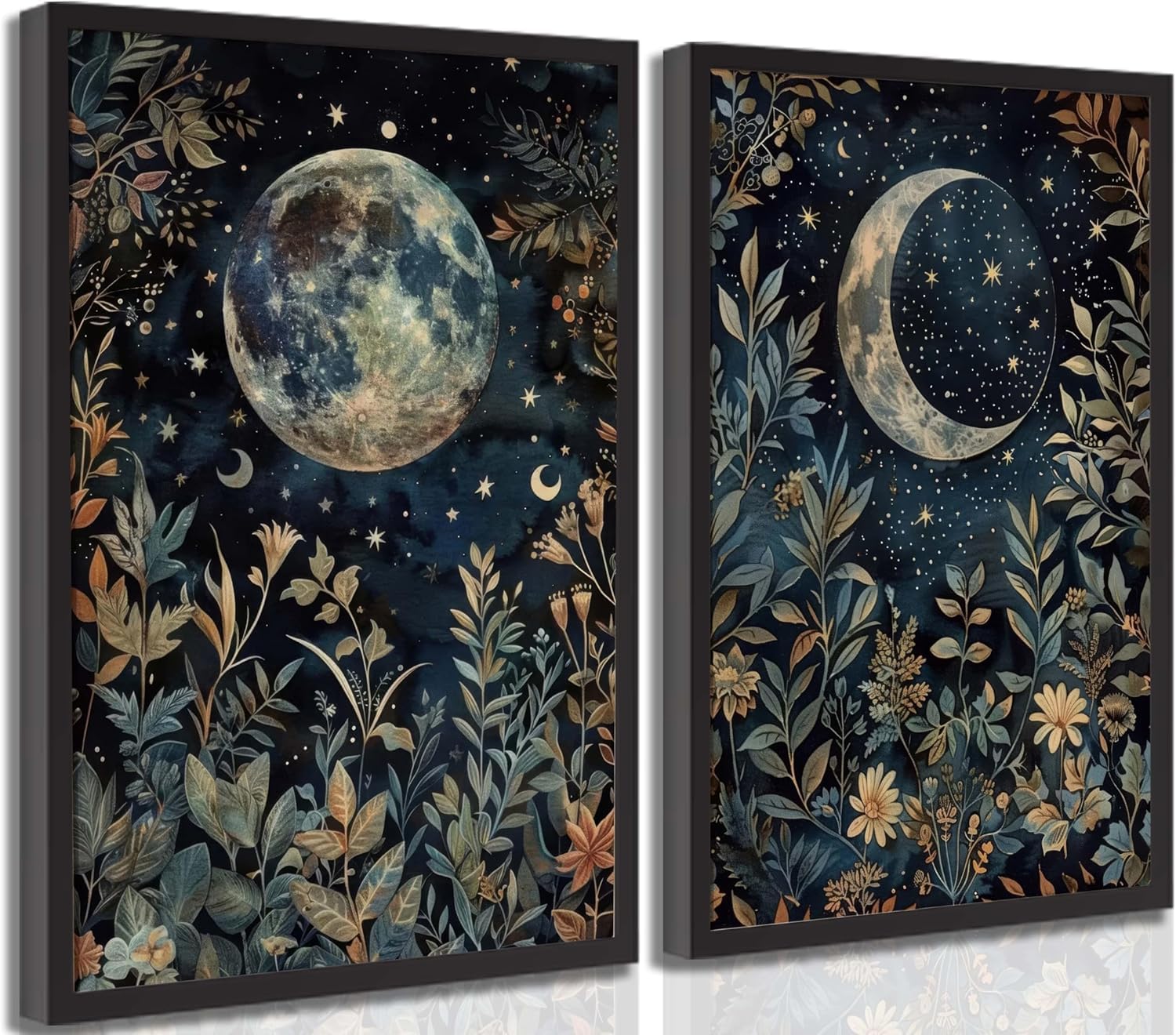 Lianyibo Frameless 2Pcs Moody Celestial Canvas Wall Art Vintage Dark College Moon Plant Flower Gothic Painting Pictures Wall Decor(70X100x3/Frameless)