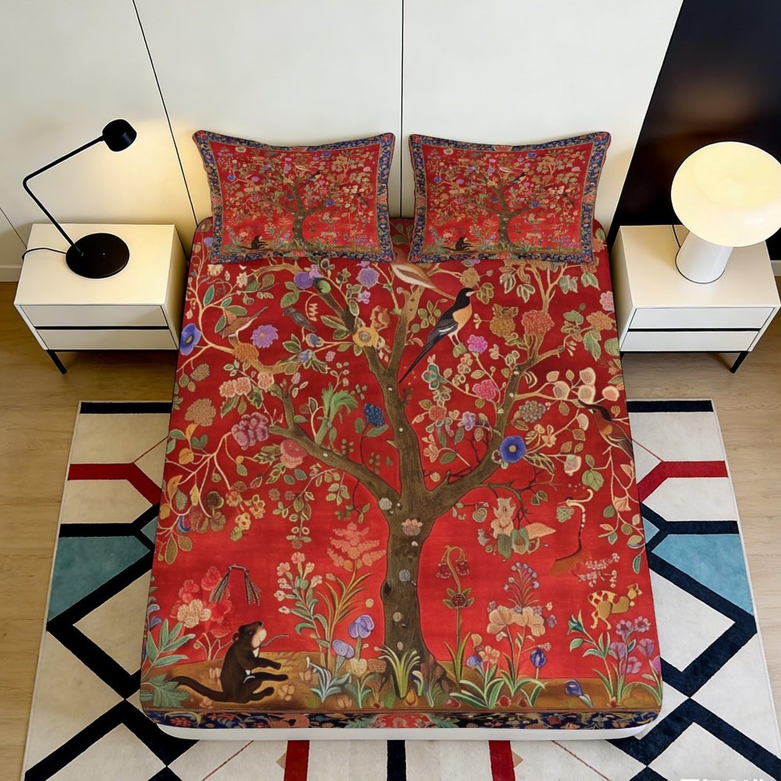 3D Printed Red Tree of Life Fitted Sheet Microfiber Floral Animal Pattern Mattress Cover for Bedroom Dorm Decor 120x200x25cm