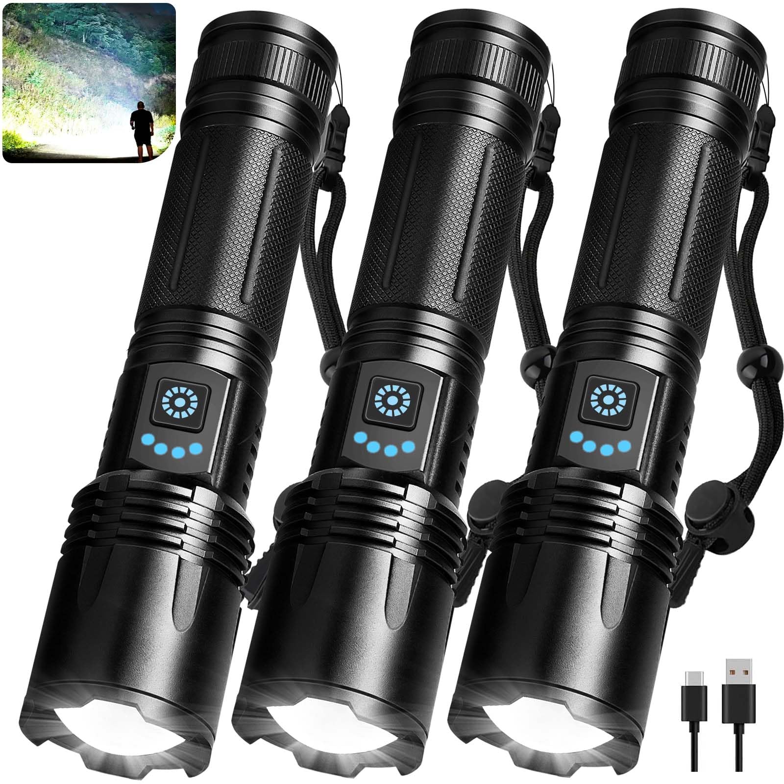 Amazon.com: 3 Pack Rechargeable Flashlights High Lumens, 99,000 Lumens  Super Bright LED Flashlight for Home Camping, Handheld Flash Light  Waterproof Flashlight with 5 Modes & Adjustable Function : Tools & Home  Improvement