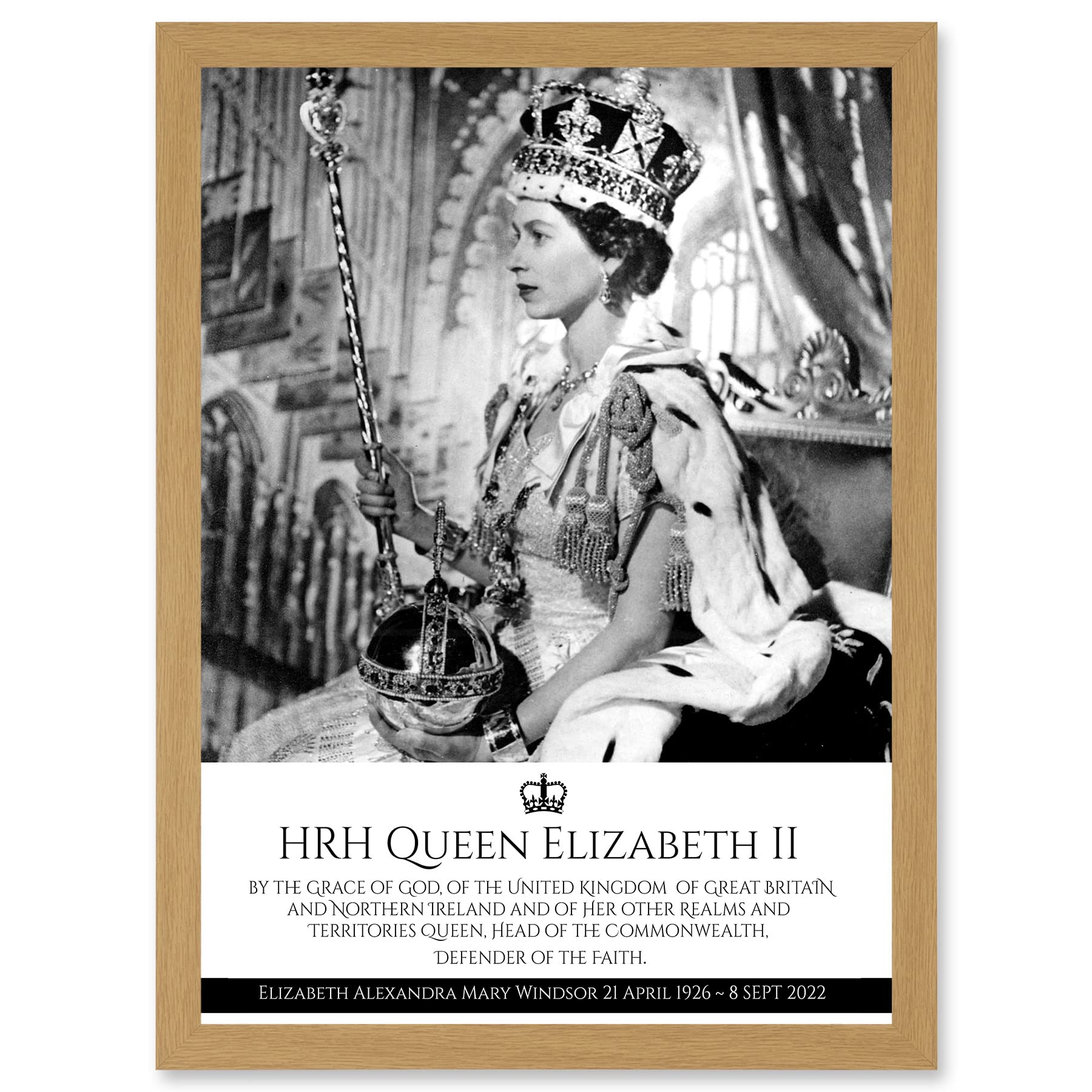 Artery8 HRH Queen Elizabeth II Coronation Portrait Commemorative Artwork Framed Wall Art Print A4