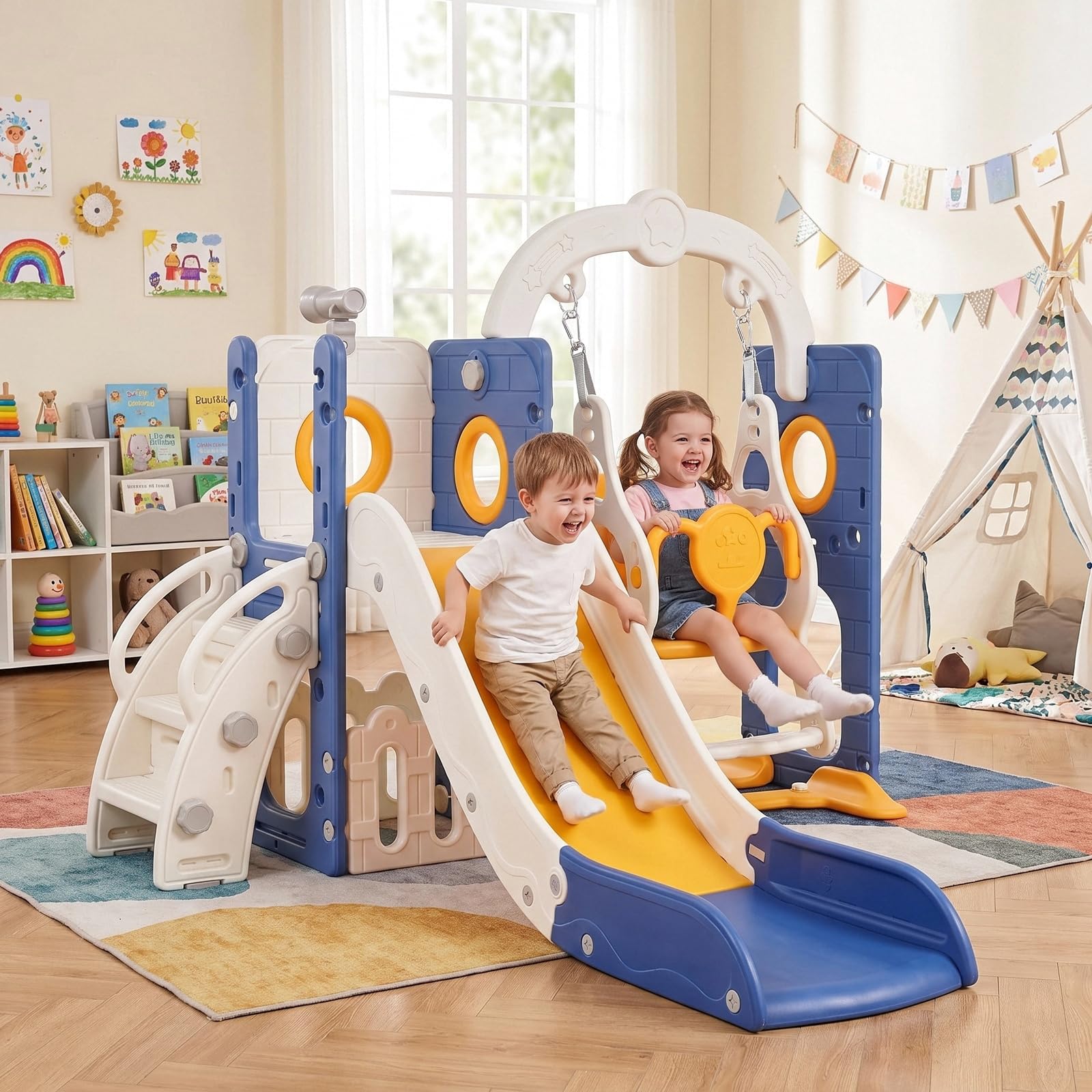 Tobogán y Columpio, Parque Infantil 5 en 1, con Tobogán Largo, Columpio, Escalada, Telescopio de Juego, Almacenamiento, Tobogán para Interior y Exterior, Juego de Tobogán para Bebé, Azul Amarillo