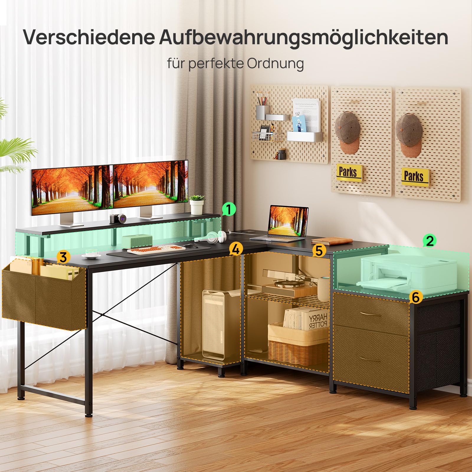 Seventable Schreibtisch L Form mit Ablageflächen, Gaming Tisch mit LED & Steckdosen, Computertisch mit Monitorständer für Homeoffice, Schlafzimmer, Wohnzimmer, Schwarz