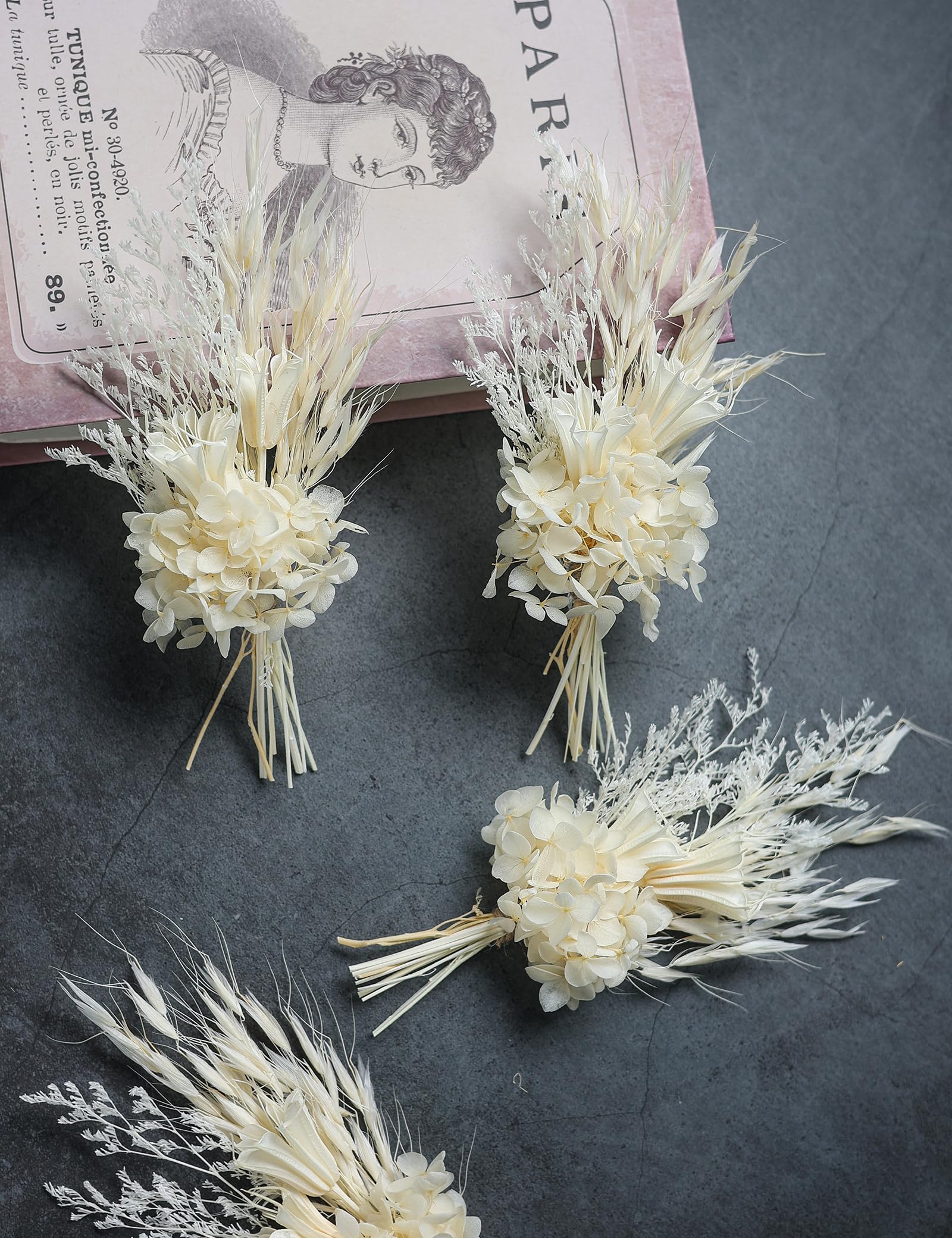 Bukiet mini suszonych kwiatów (6 sztuk), bukiet suszonych kwiatów na stół weselny w stylu boho, suszona trawa pampasowa, pana młodego i drużba boutonniere, suszone kwiaty do ciasta. (biały)