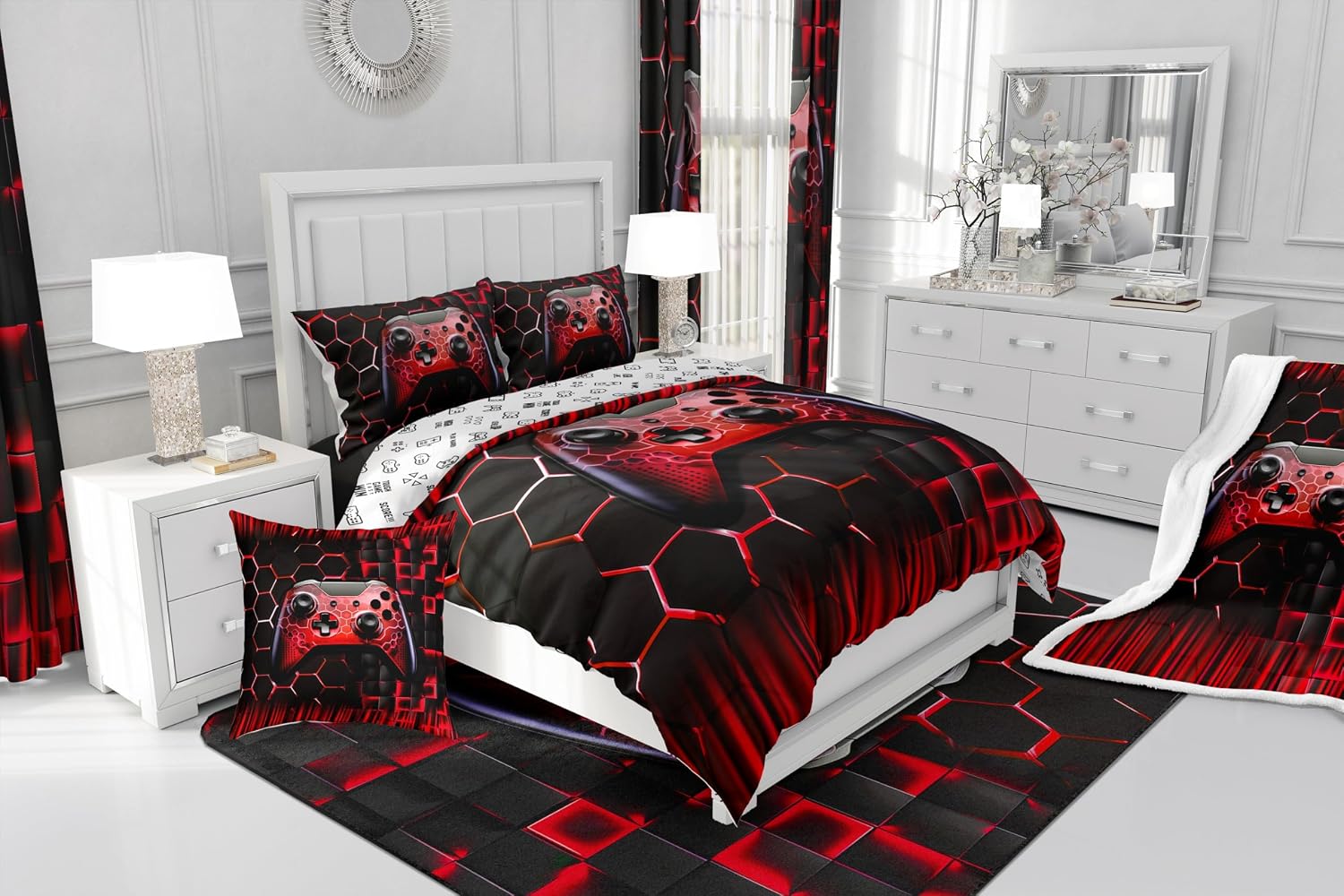Geometric Gamepad Kids Duvet Cover Set Queen Size,Honeycomb Squares Grids Ombre Gamers Bedding Set,Boys Men Room Decor,Gaming Videogame Controller Comforter Cover,Red Quilt Cover,2 Pillowcases image 4