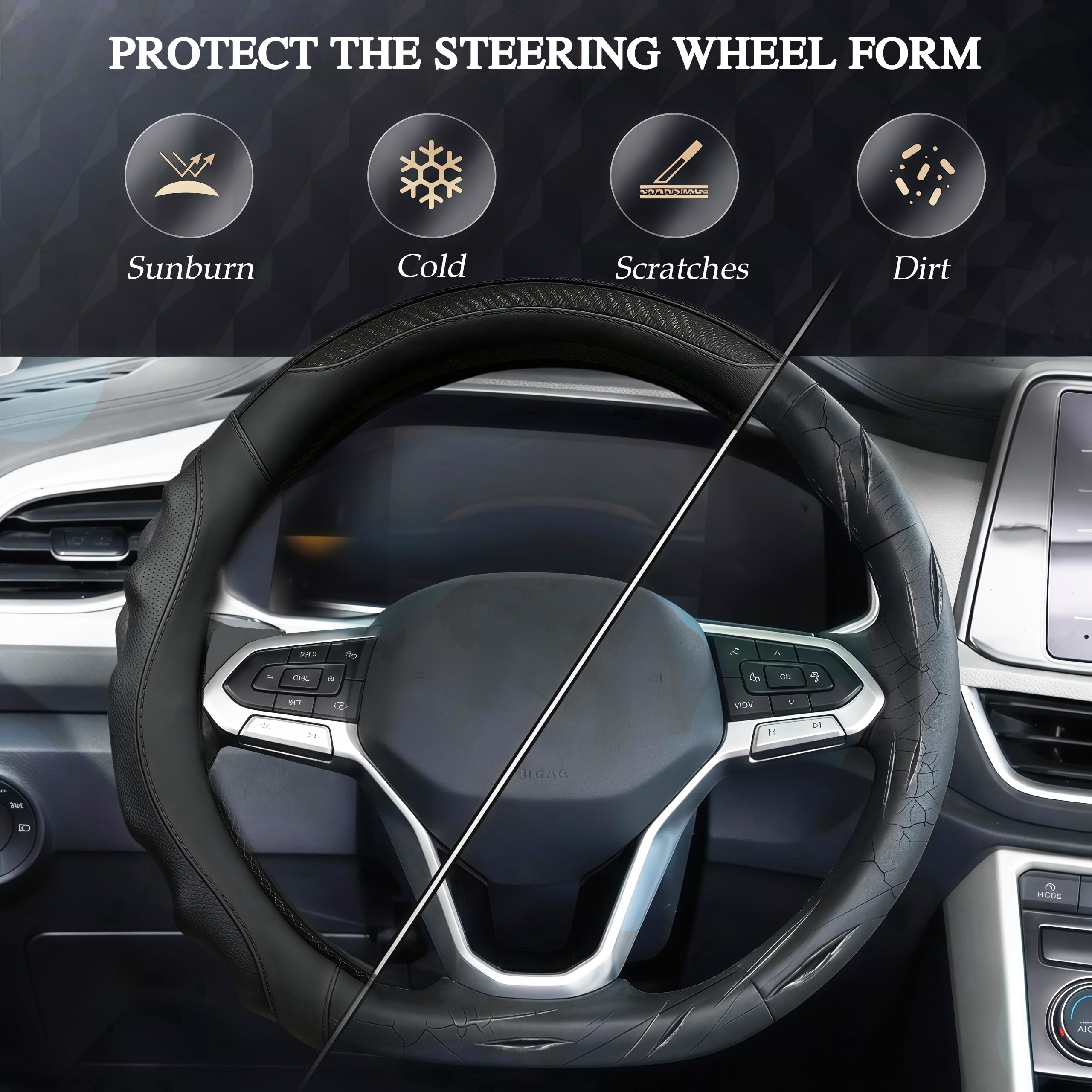 Funda de cuero para volante de automóvil, 14.5-15 pulgadas, antideslizante, universal para coches, camiones, SUV, accesorios de automóvil (línea negra - negra)