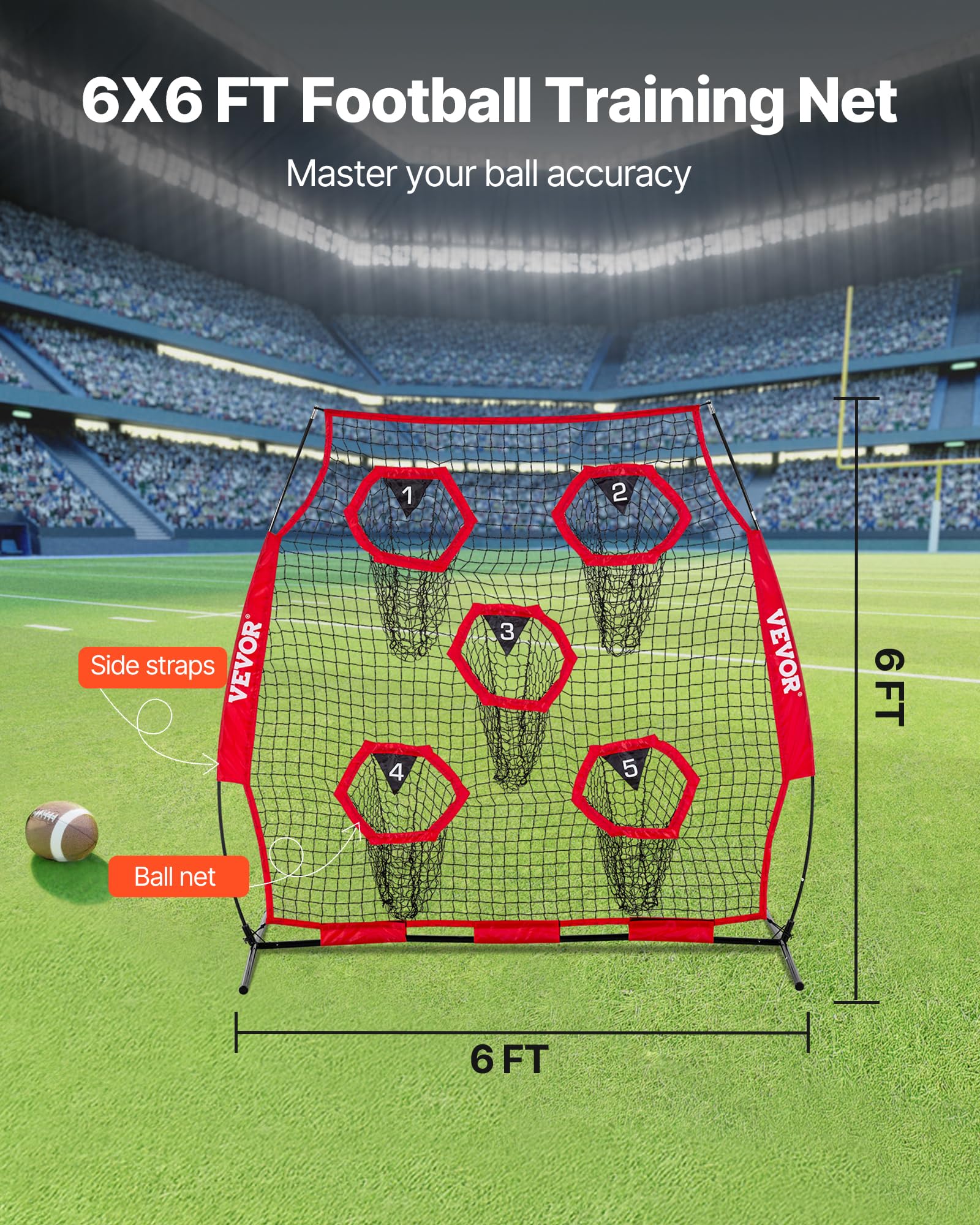 VEVOR Red de Lanzamiento para Entrenadores de fútbol, 1,8 x 1,8 m, Red de Entrenamiento con 5 Bolsillos para Diana, Red sin Nudos con Correas y Bolsa de Transporte, Mejora la precisión de Lanzamiento