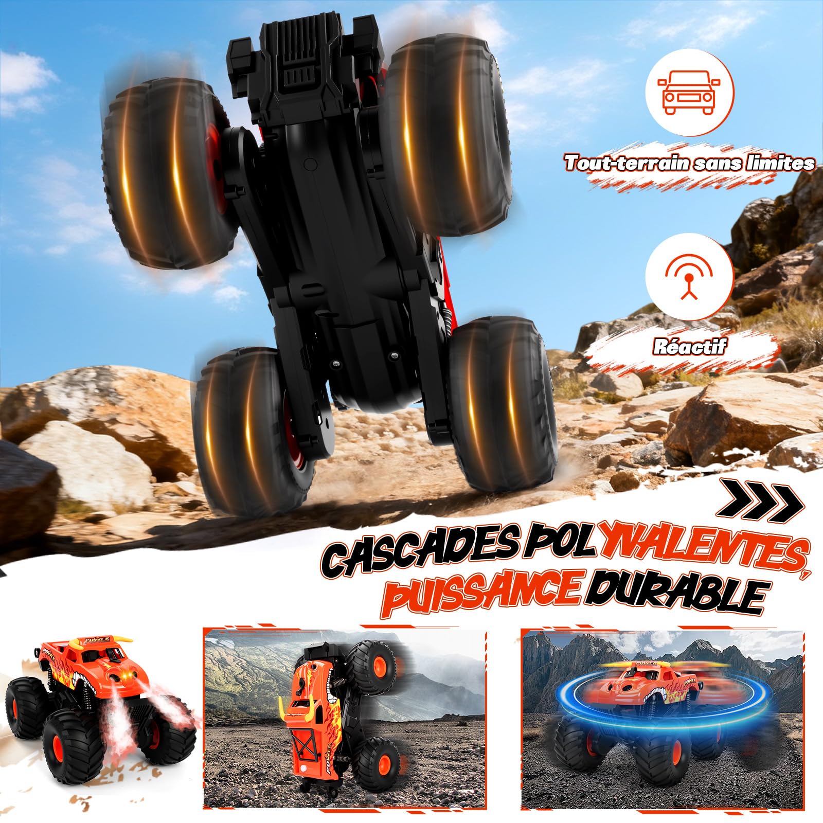 Charmofun Voiture Télécommandée Tout Terrain Amphibie, 4WD Monster Truck Télécommandé Rechargeable avec Effet de fumée, 2.4GHz Voiture RC, Monster Truck RC Offroad pour Enfants (Rouge)