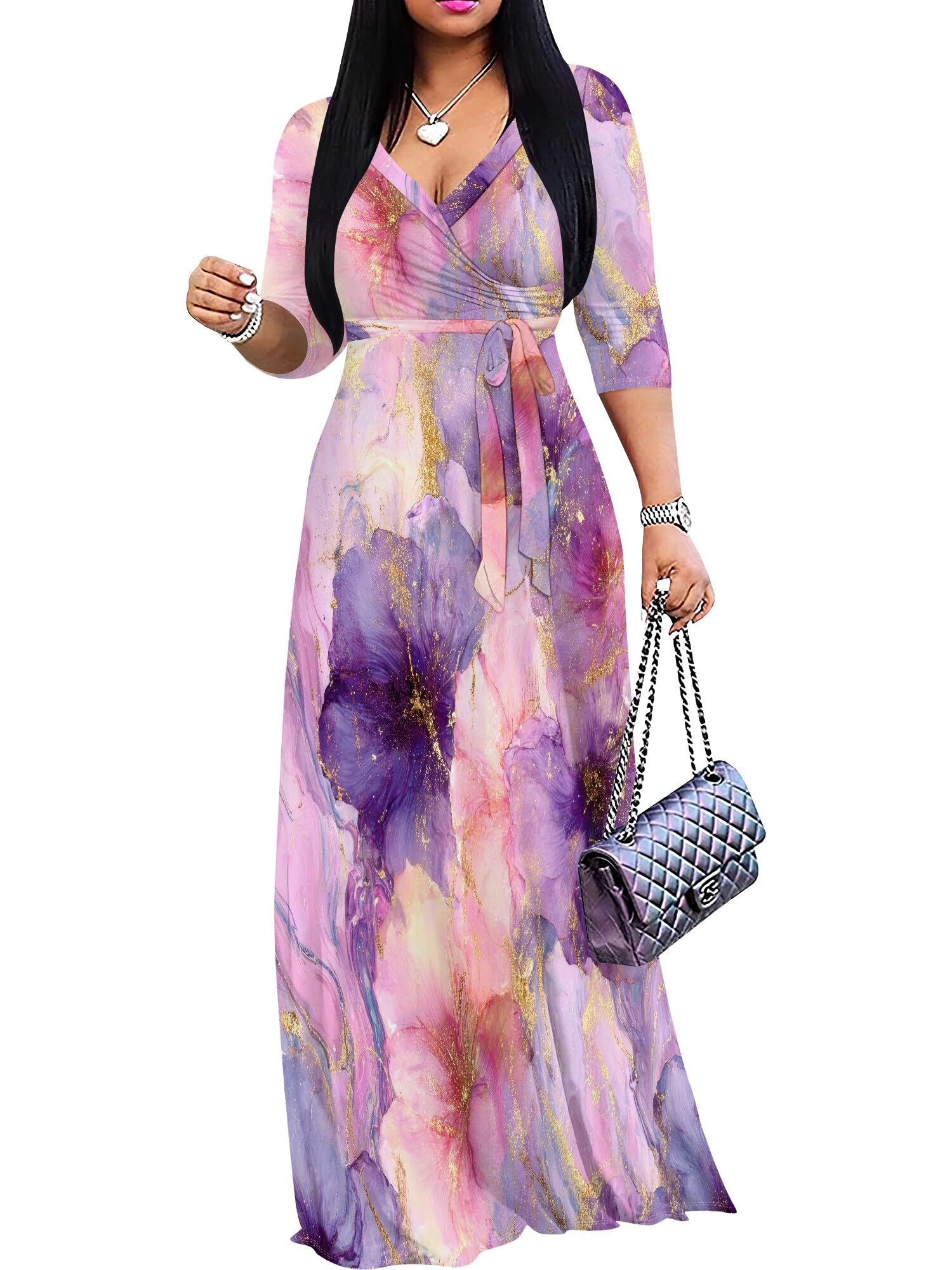 PinkPatty Women's Plus Size V Neck 3/4 Sleeve Boho Maxi Dress with Pockets