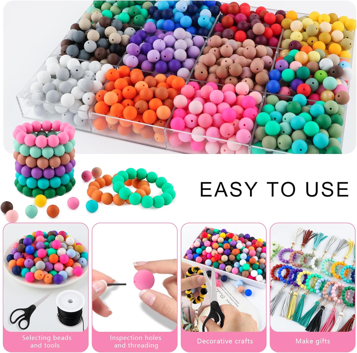 150Pcs Silicone Beads 15mm Mix Color, Bulk Silicone Beads 15mm for Keychain Pens and Bracelet Making(Pink) - Image 4