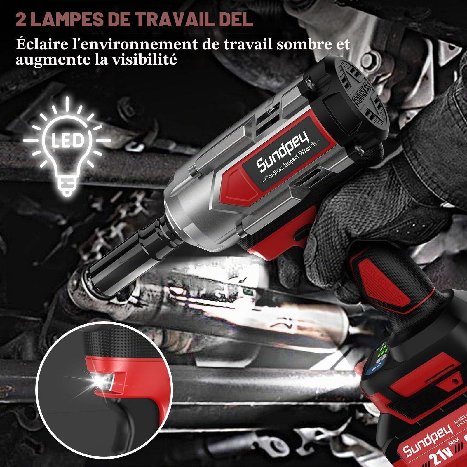 Sundpey Cle a Choc Sans Fil Brushless 1/2" 1200 Nm, Boulonneuse a Choc Brushless avec 6 Douilles à Choc, 2 Batteries 4.0Ah Longue Autonomie, Charge Rapide, 2 Lampes LED, pour Boulonner et Déboulonner