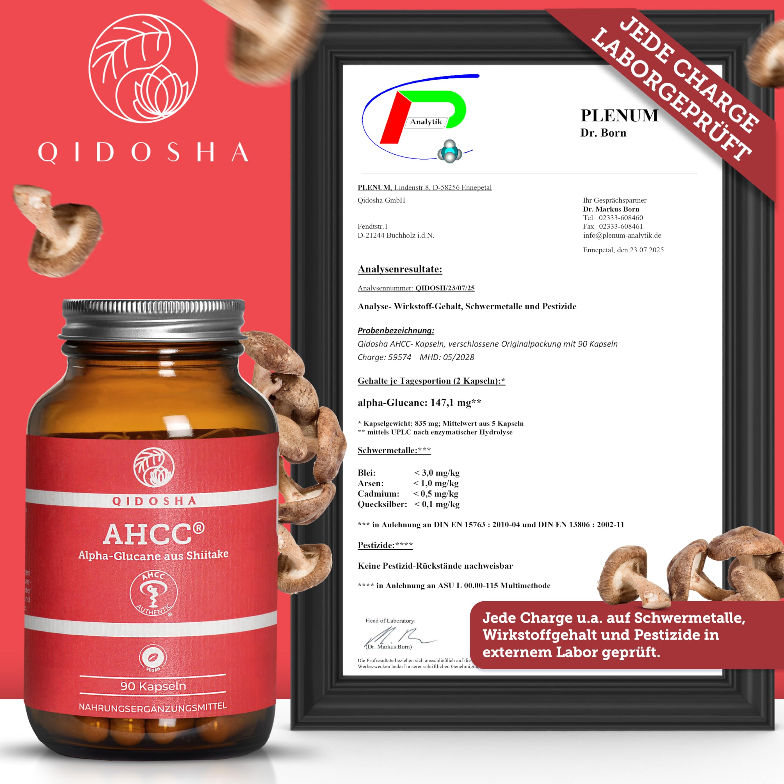 QIDOSHA® AHCC Kapseln, 90 Stk im Apothekerglas, 676 mg Shiitake-Extrakt je Tagesportion, davon 150mg Alpha-Glucane, deutsche Fertigung, jede Charge laborgeprüft