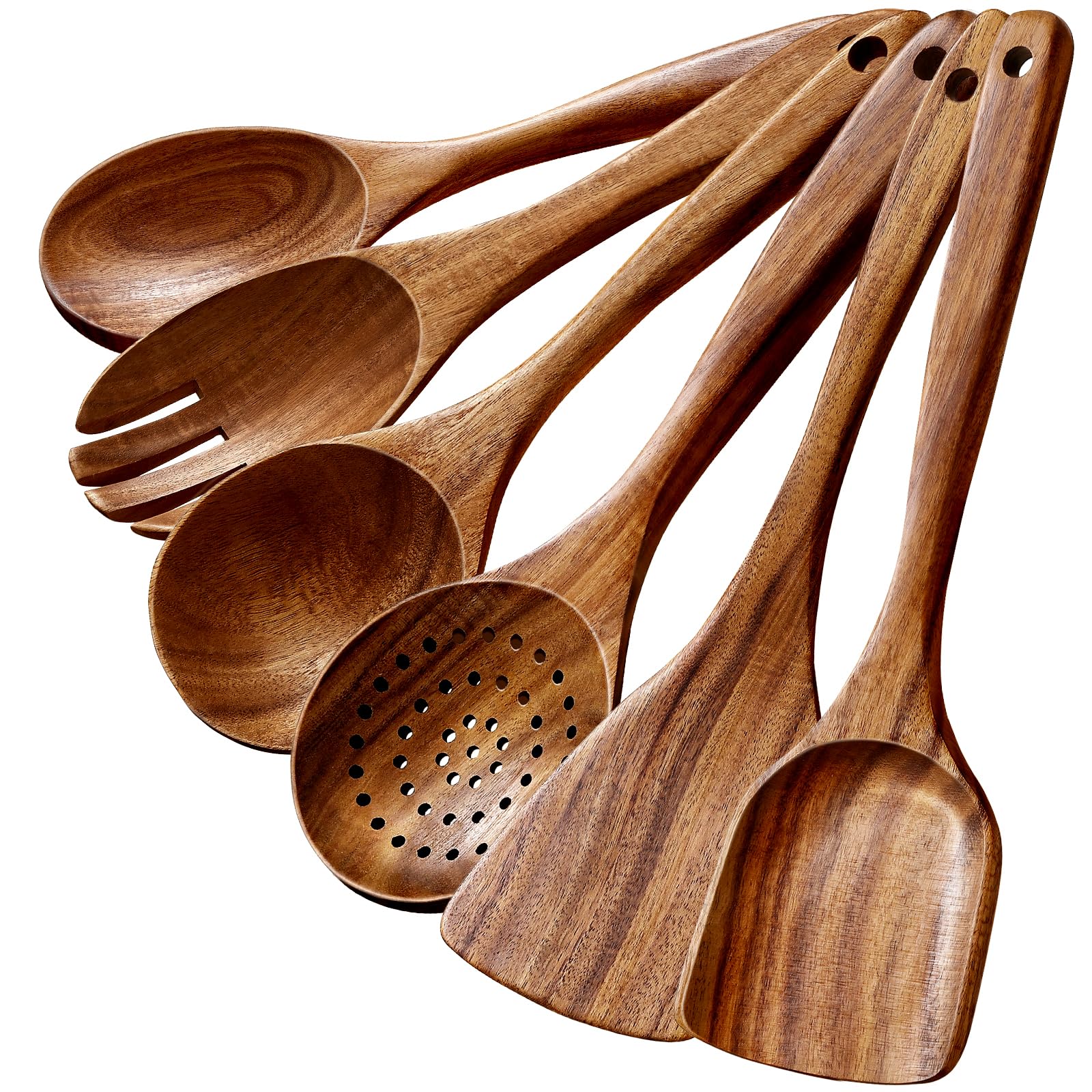 6-Piece Natural Teak Wooden Utensils Set, Wooden Spoons Set for Cooking - Heat Resistant,…