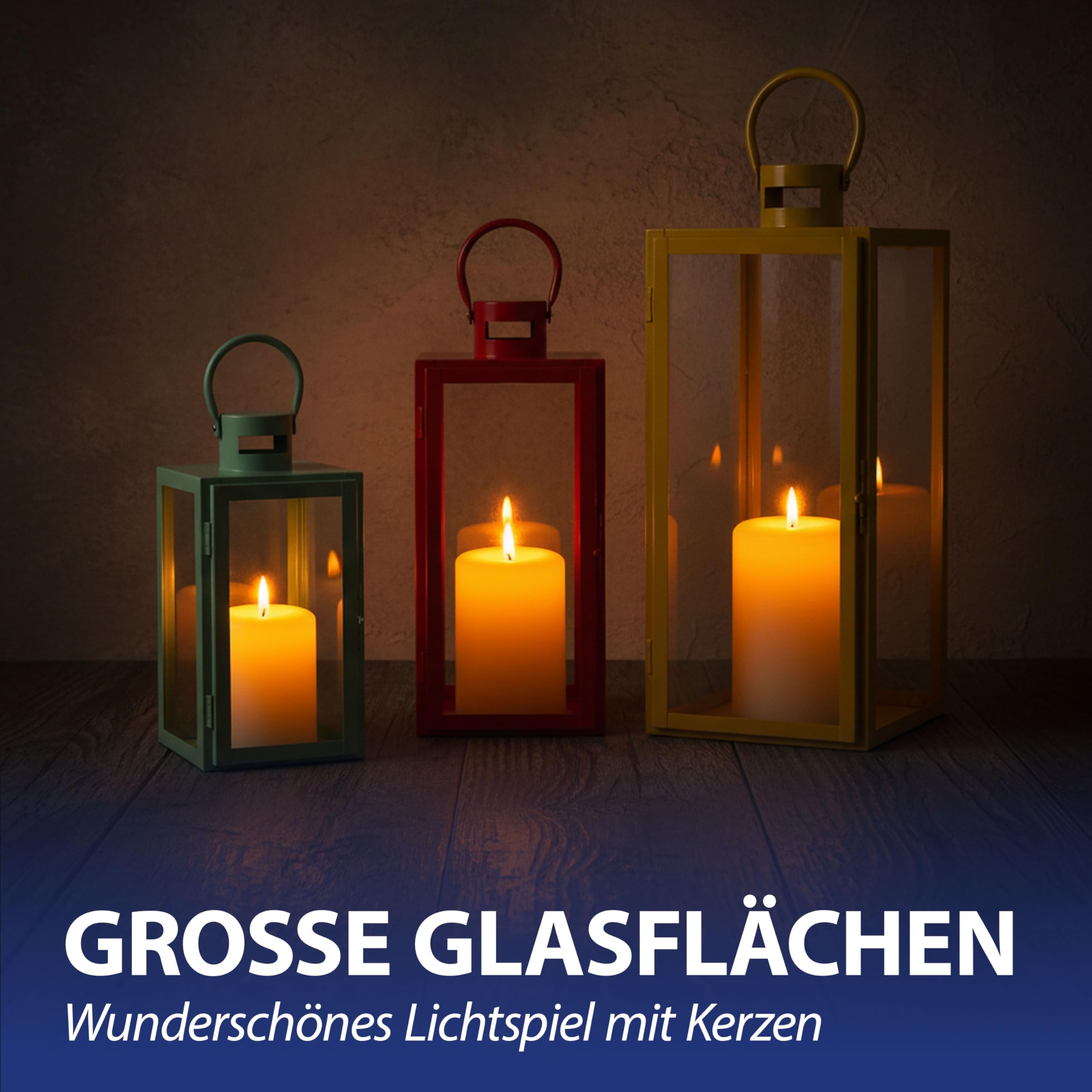 Laterne 3er Set | grün orange gelb 3 Größen Metall Glas | Windlicht mit Henkel für Kerzen oder LED Gartenlaterne | Kerzenhalter