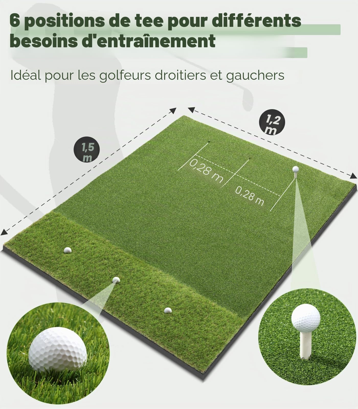 Tapis de golf à double gazon de qualité supérieure : 1,5 x 1,2 m d'épaisseur pour le jardin, le terrain de conduite, l'entraînement en intérieur et en extérieur, frappe, swing et écaillage, cadeau