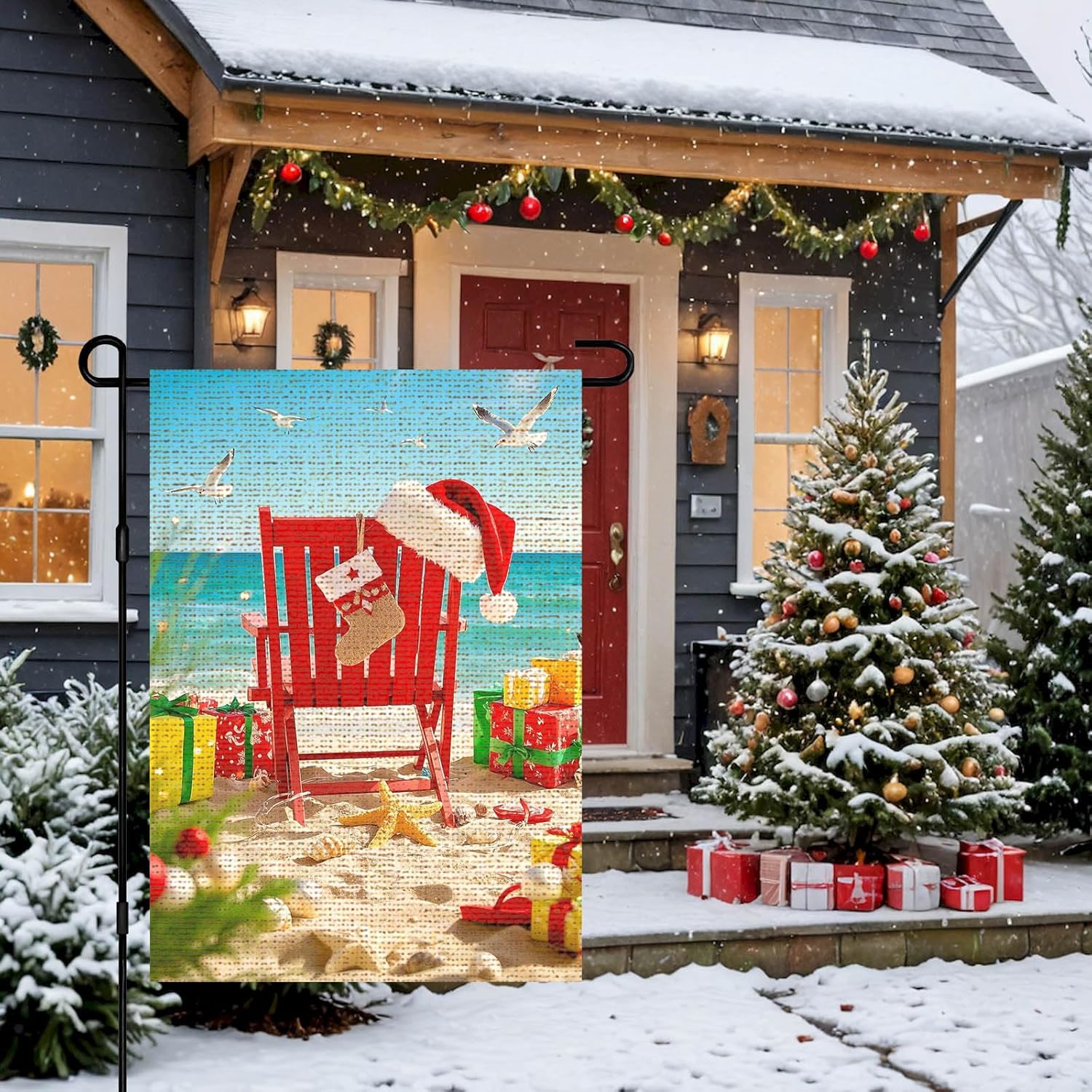 IVN Christmas Beach Santa Hat And Gifts On Sand Coarse Linen Garden Flag 12x18inch Linen Double-Sided Outdoor Yard Flag Suitable for Porches and Yards - Image 8