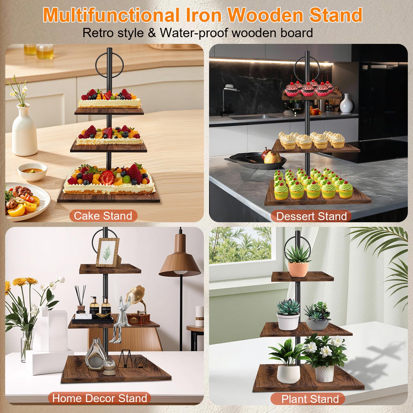 Présentoir à Gâteaux, Présentoir à Cupcakes en Bois Rétro, Multi-usages Support a Gateau en Carréepour Mariage, Anniversaire, Fête d'anniversaire, Buffet Evenement (3 Étages-carrée)