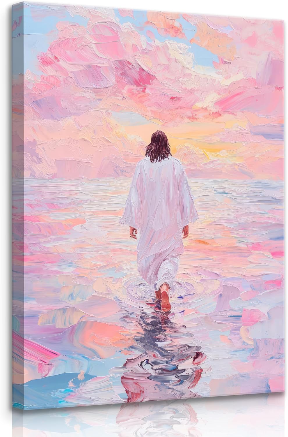 Jesus Canvas Wall Art Pink Jesus Walks on Water Canvas Paintings Prints Religious Savior Wall Decor Christian Bible Stories Poster printing Artwork for Living Room Bedroom Church Decoration 16x24in