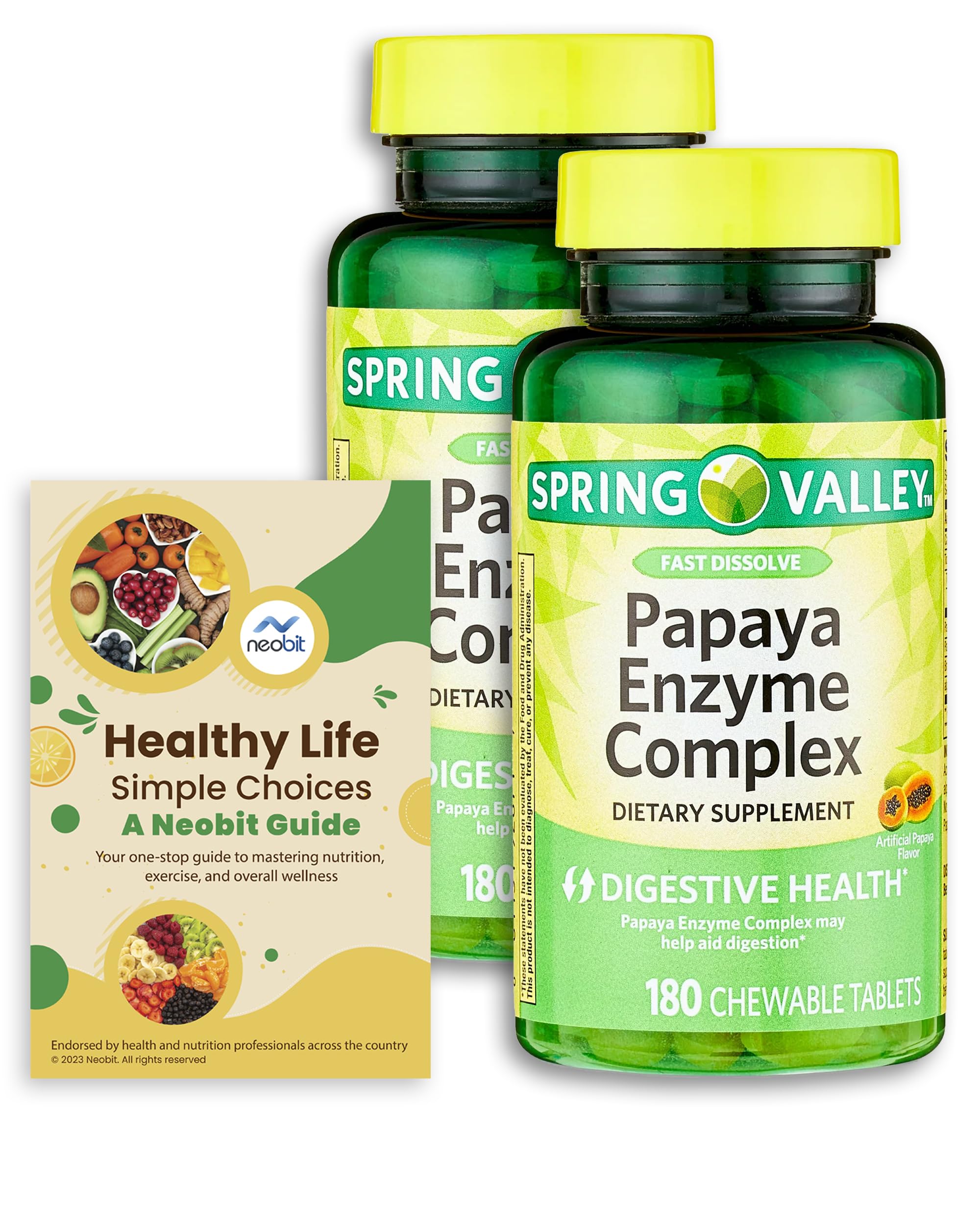 Spring Valley Papaya Enzyme Complex, 180 Chewable Tablets, 2 Pack, Digestive Health - Bundle with 'Healthy Life, Simple Choices': A Neobit Guide