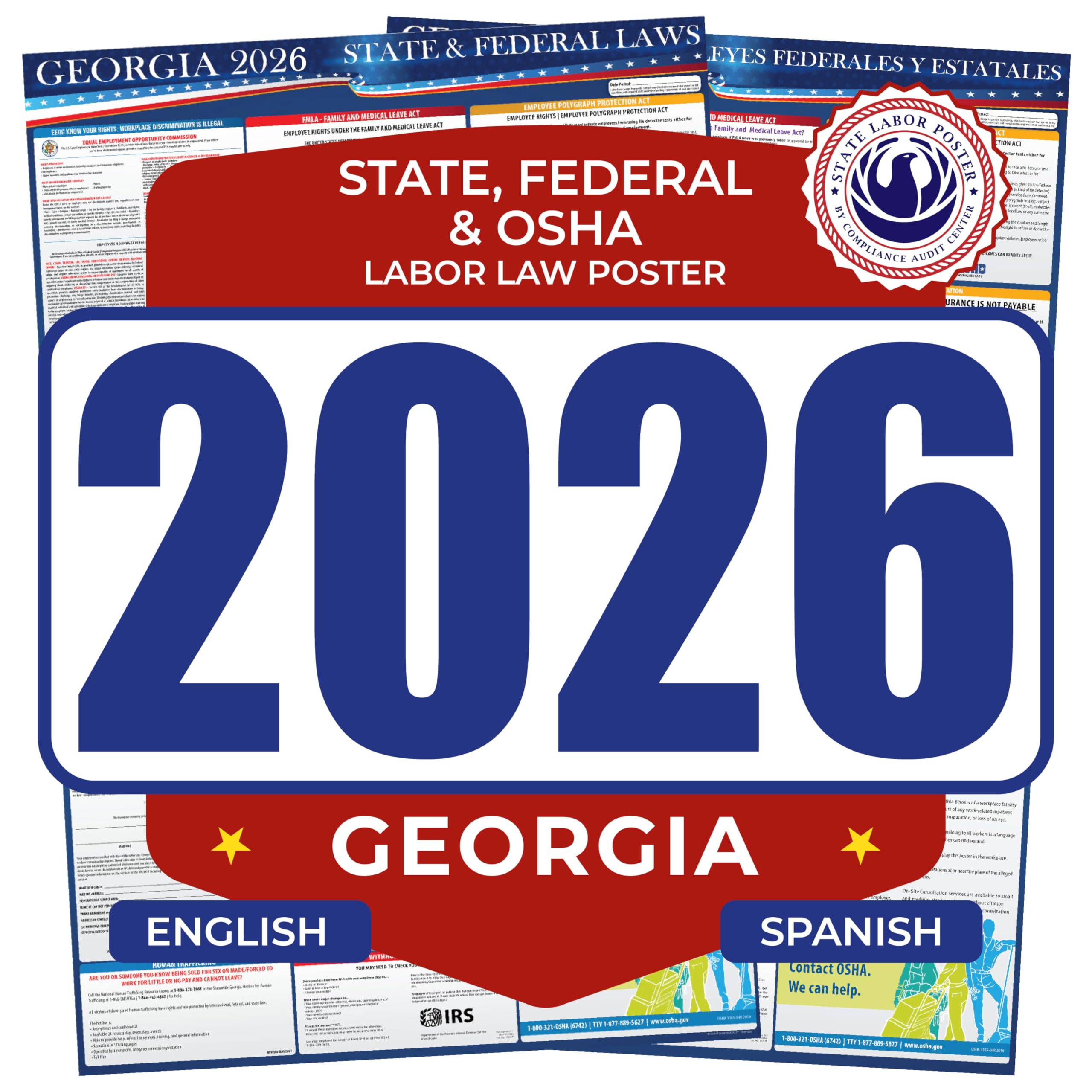2026 Georgia State and Federal Labor Law Poster - English Spanish Combo - OSHA Workplace Compliant - Mandatory Regulations All-In-One Required