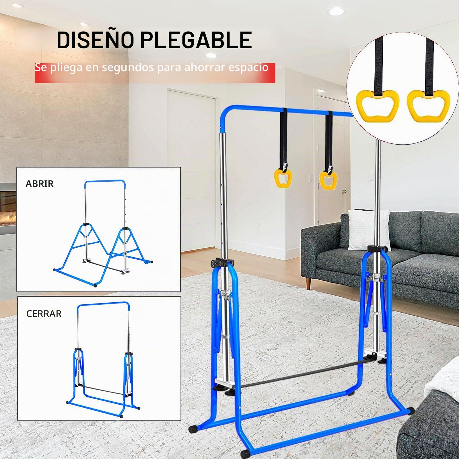 Barra Horizontal de Gimnasia, Barra de Entrenamiento Juvenil, Equipo de Gimnasia para el hogar, Altura telescópica Ajustable, Barra Horizontal Plegable con Anillos de Gimnasia para niños