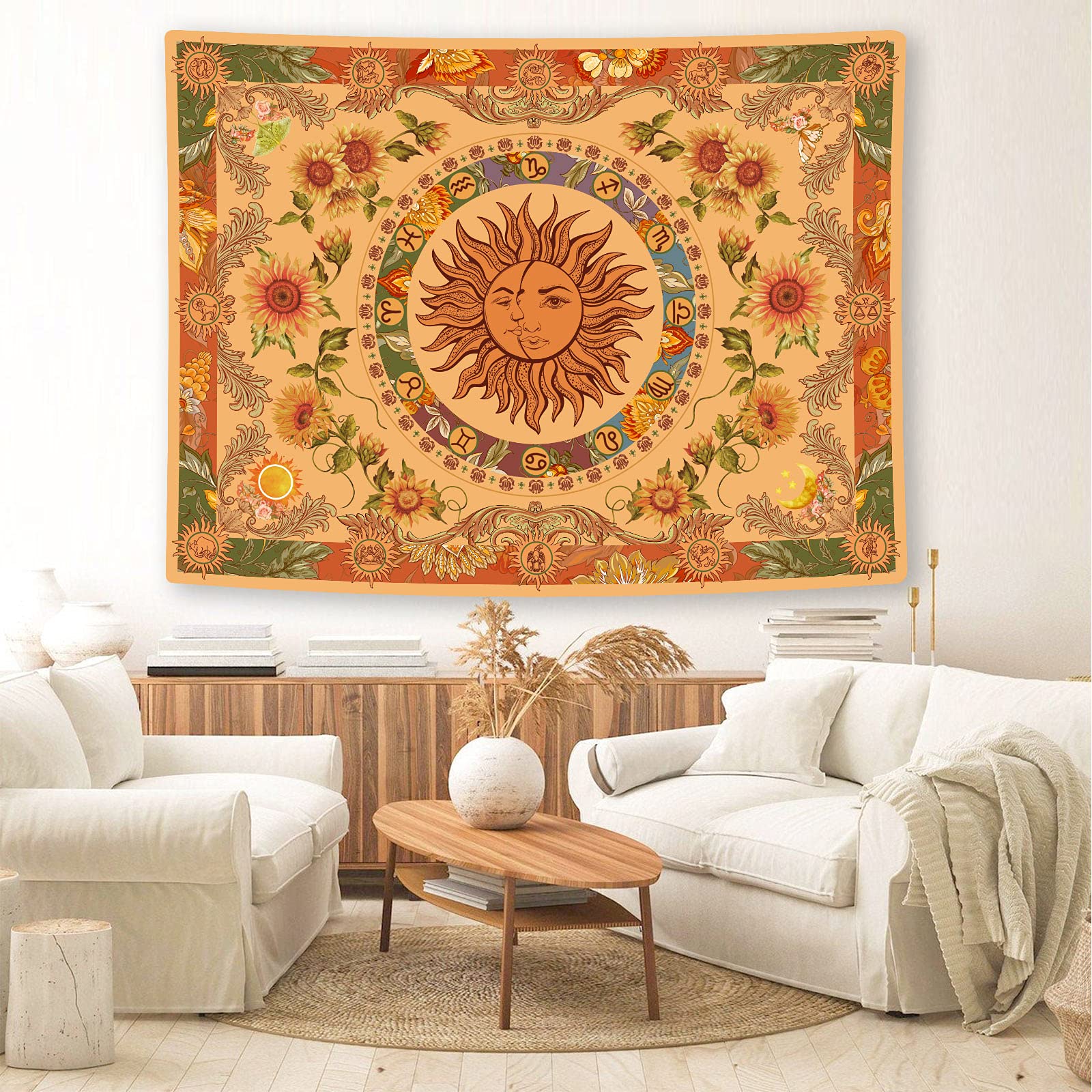 Arazzo Da Parete Bohémien Atrippy Con Farfalle E Luna | 130x150 Cm | Decorazione Floreale E Mandala Per Camera Da Letto E Soggiorno