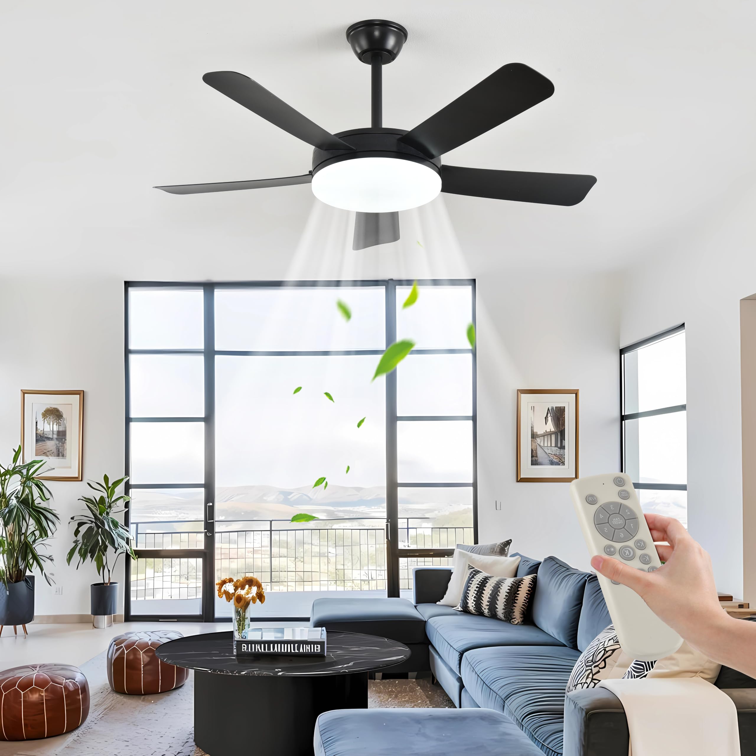 110 CM Schwarz LED Deckenventilator mit Beleuchtung und Fernbedienung Leise | Deckenventilator mit Licht Fernbedienung, 5Flügeln, Timer, 3Farbtemperatur,6Geschwindigkeiten, Motor DC,Sommer Wintermodus