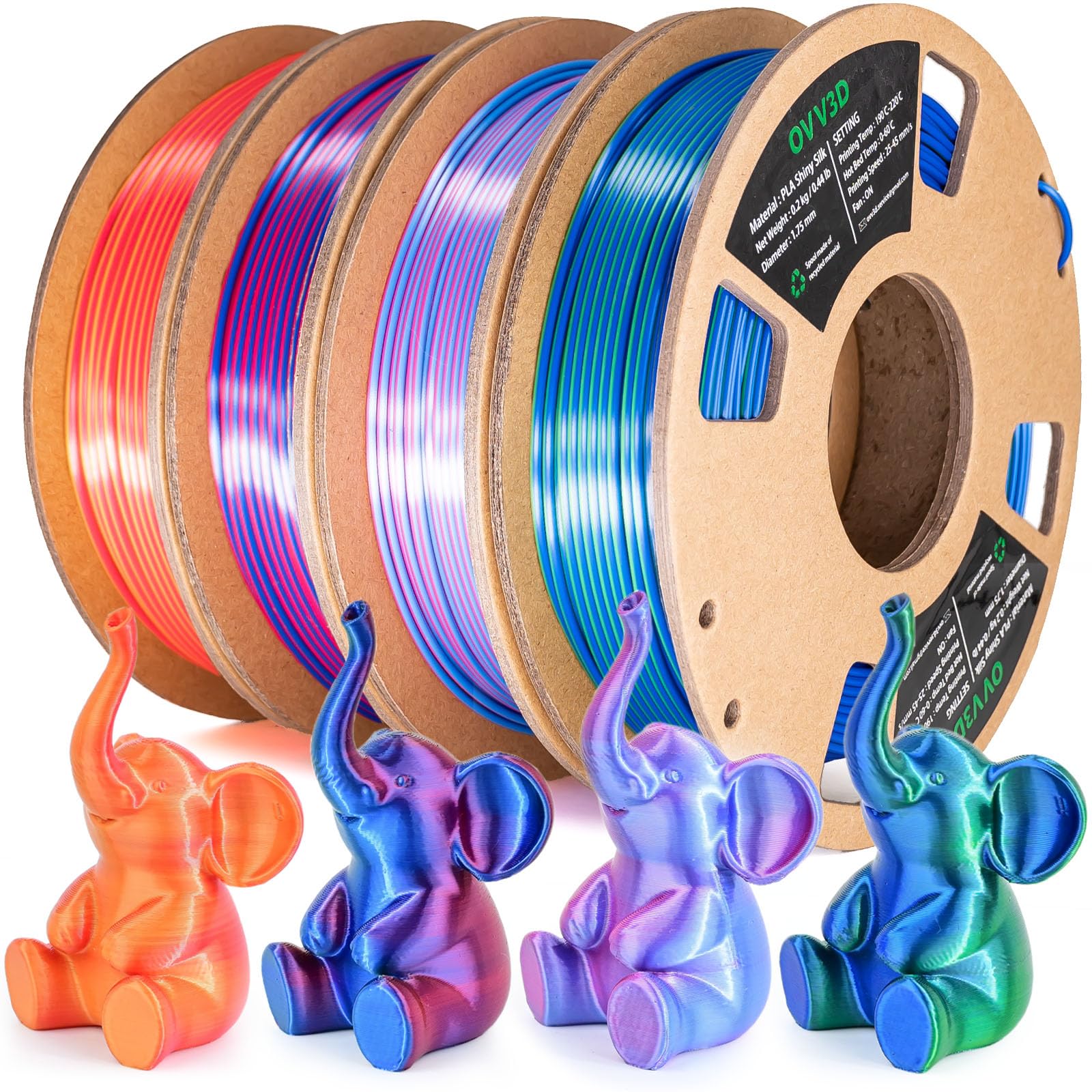 OVV3D Filamento PLA 1.75 +/- 0.02mm Seda, Impresora 3D Filamento PLA Traje Filamento Concurrentes Bicolor, Filamento 3D Impresora Arcoíris Combinación, PLA 200 g × 4