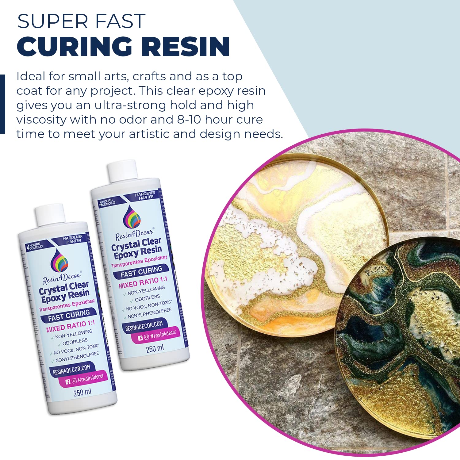 Resin4DECOR 1:1 Epoxyhars snel uitharden (4 uur ontvormtijd), kristalheldere hars en verharder voor kunsthandwerk, sieraden maken, vergeelingsvrij, niet giftig, hoogglanzend, geurloos - 3780 ml