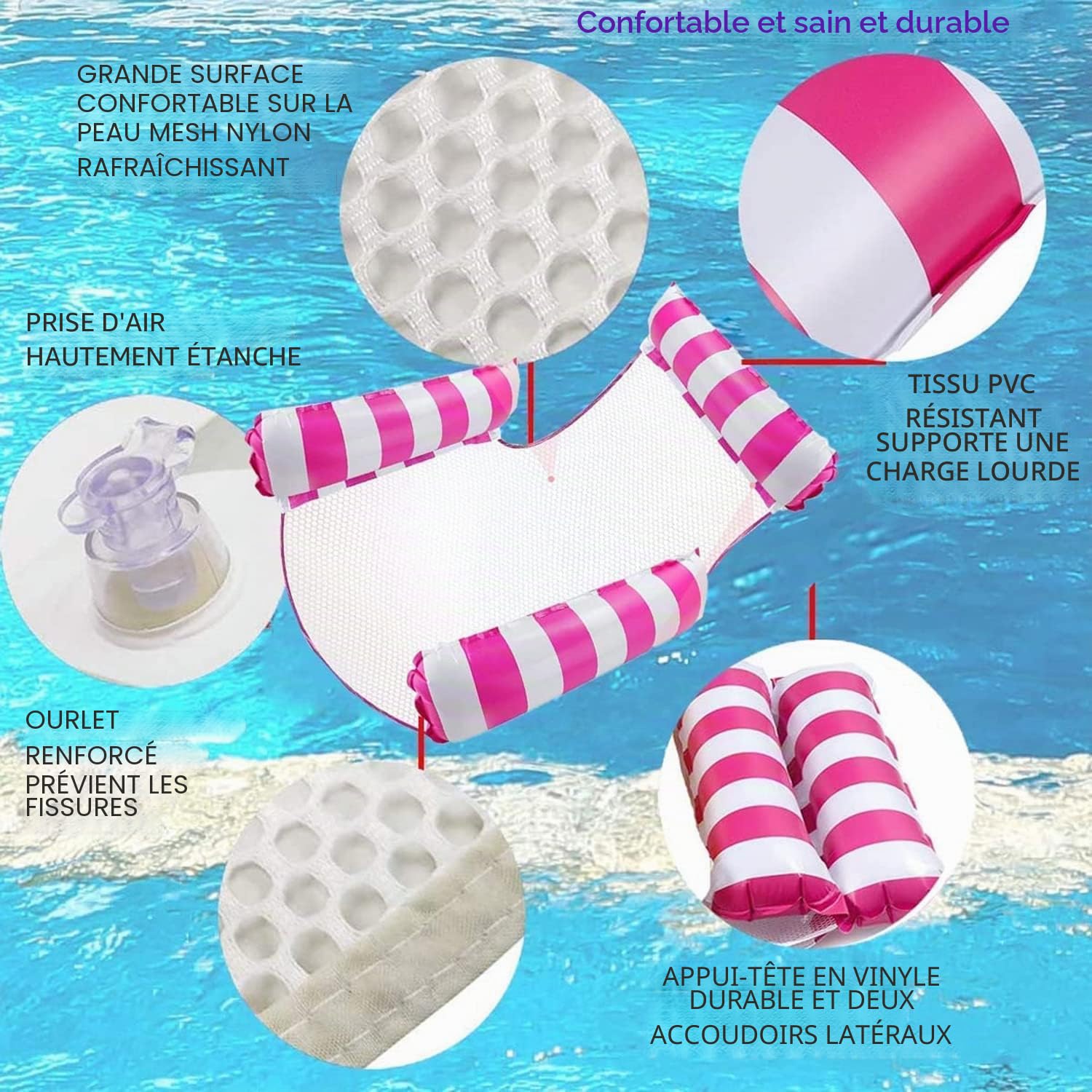 Adultes Piscine Gonflable Chaise Flottante Salon Flottant, Motif rayé hamac Flottant Pool Party Summer Water Fun (Orange