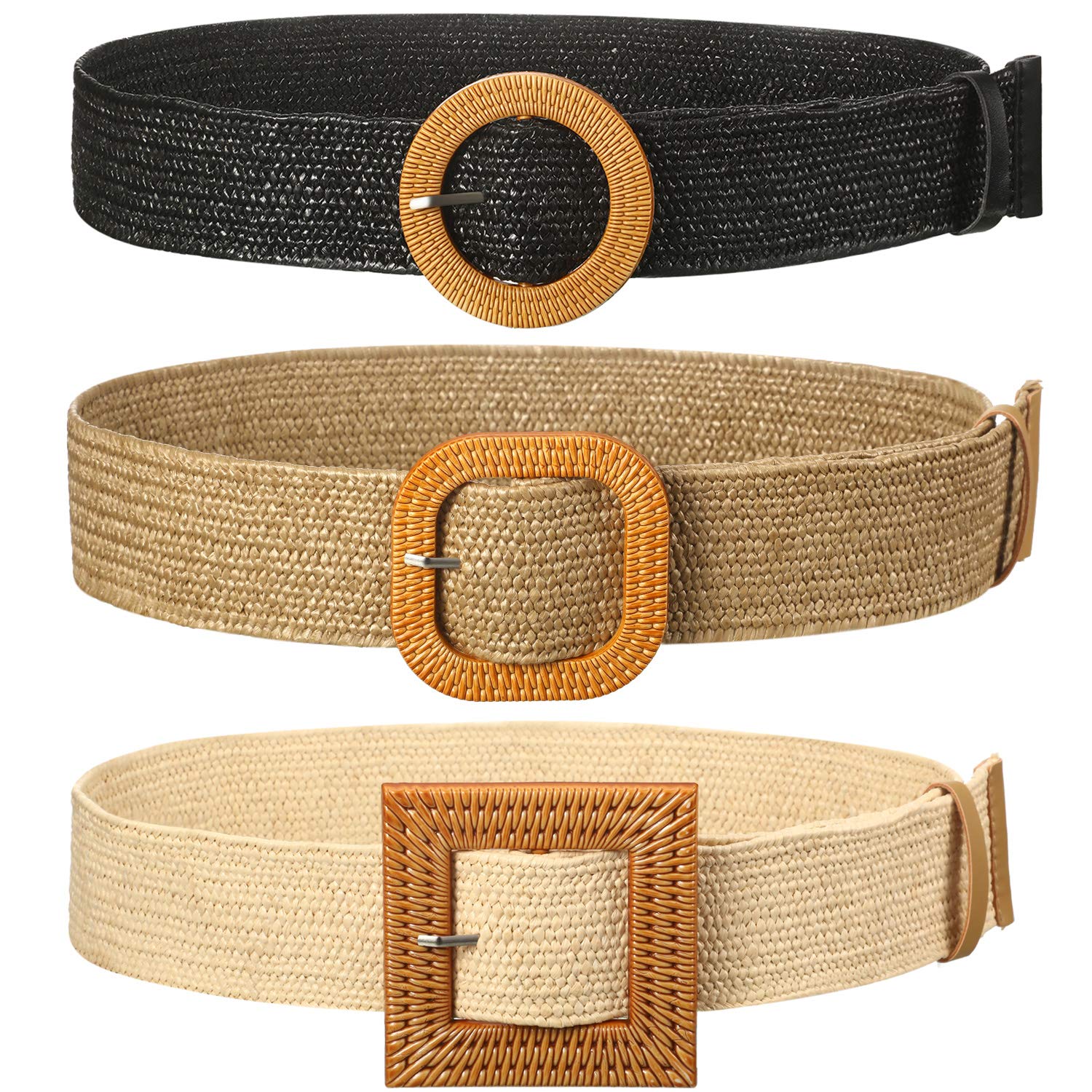 Cinturón elástico tejido de paja de 3 piezas para mujer, cinturón trenzado de vestido bohemio, Negro, caqui, beige