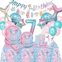 Mermaid Birthday Decoration 7 Years Girl Birthday Mermaid Kit, Tableware with Balloons, for 7 Years Girl Decoration (16 Guests)